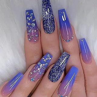 BABALAL Coffin Press on Nails Long Fake Nails with Nail Glue Blue Purple Glue on Nails 24Pcs Glitter Acrylic Nails Ballerina Stick on Nails