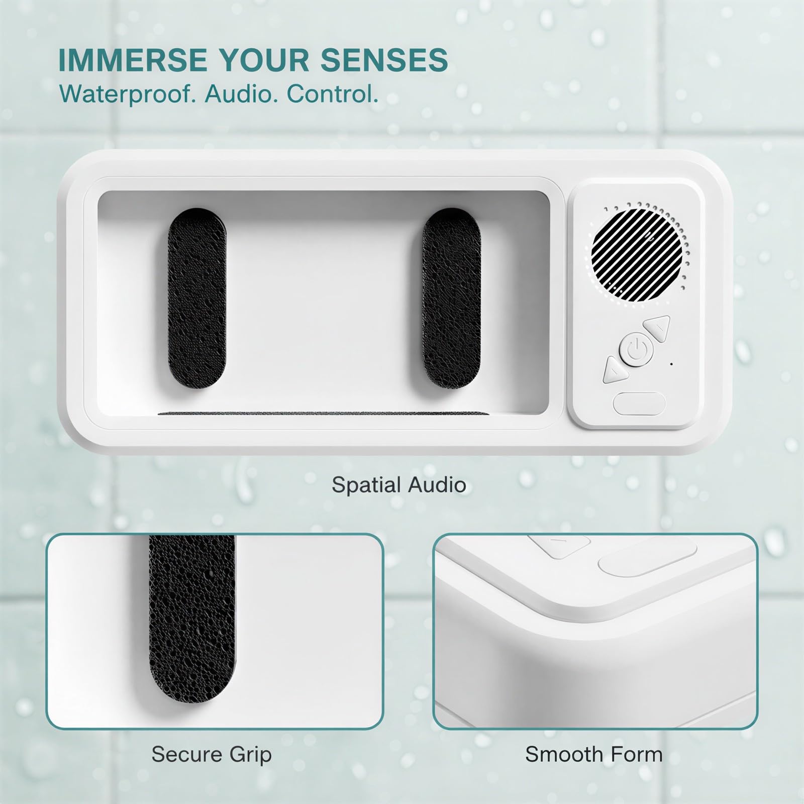 Soporte impermeable para teléfono con altavoz de ducha, IPX5 con altavoces inalámbricos, 12 horas de reproducción, pantalla táctil antivaho, 9.6 x 4.3 x 1.7 pulgadas, soporte de pared para