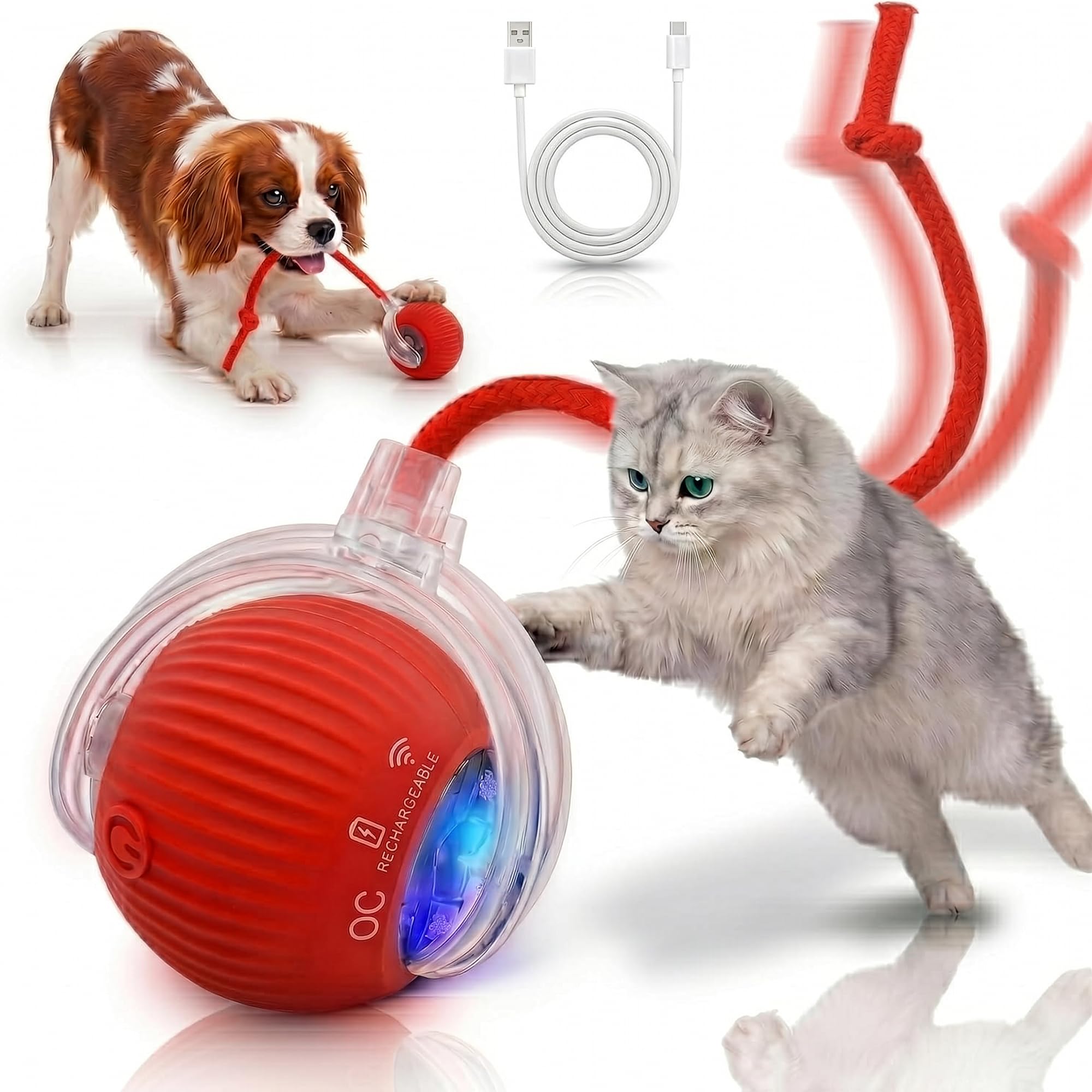 Smart Ball 2.0 - Automatic Cat Toy & Interactive Dog Toys for Small Dogs - Moving Cat Toy Ball for Indoor Cats - Motion Activated, Light Up, USB-C Rechargeable Pet Toy, 2 Speed Modes [Red]