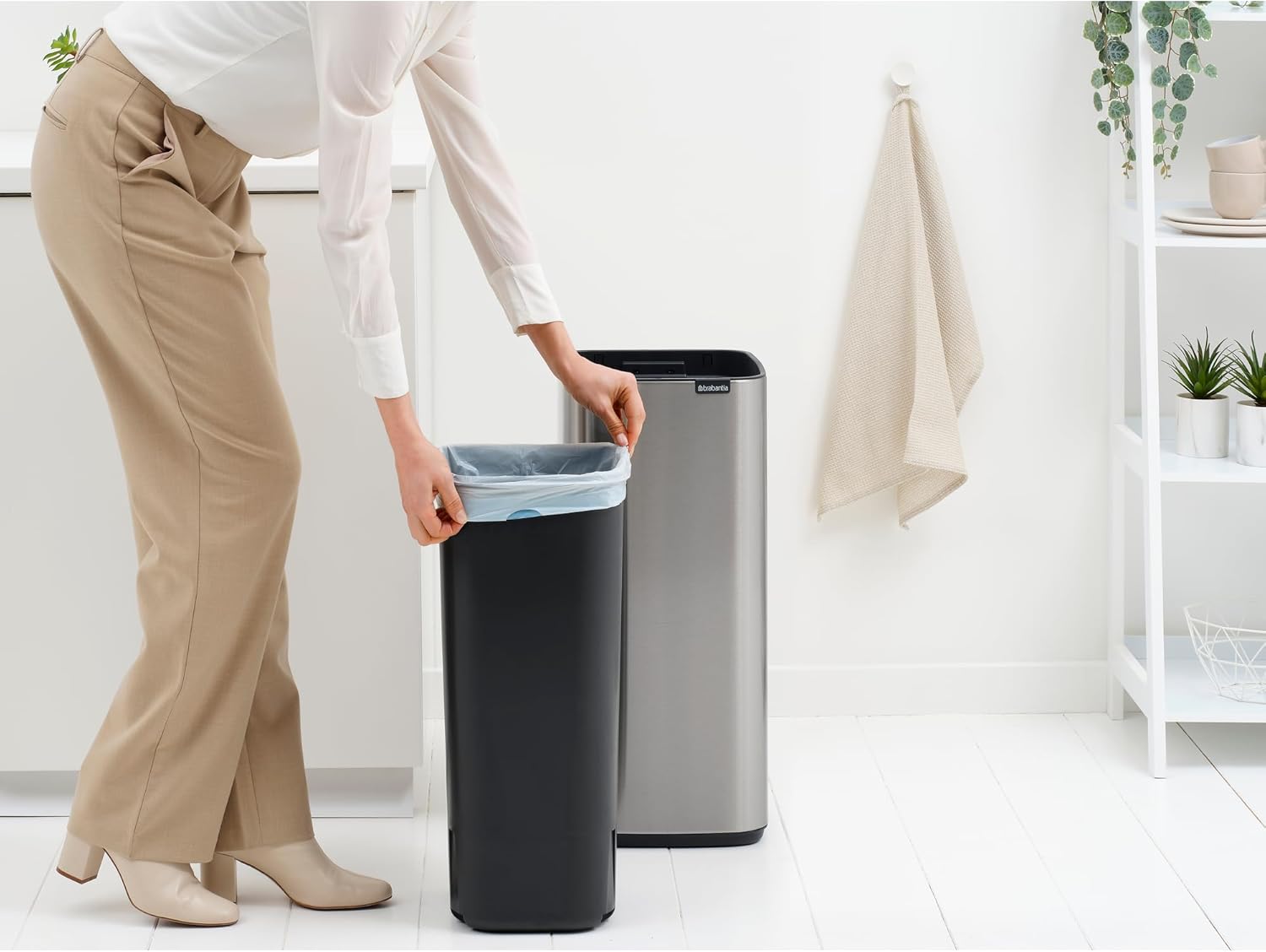 Brabantia Bo Touch Top 8 Gallon Square Trash Can | Matt Steel Fingerprint Proof | Soft-Touch Kitchen Trash Can, Removable Inner Bucket, Non-Slip Base | Sample Trash Bags Included