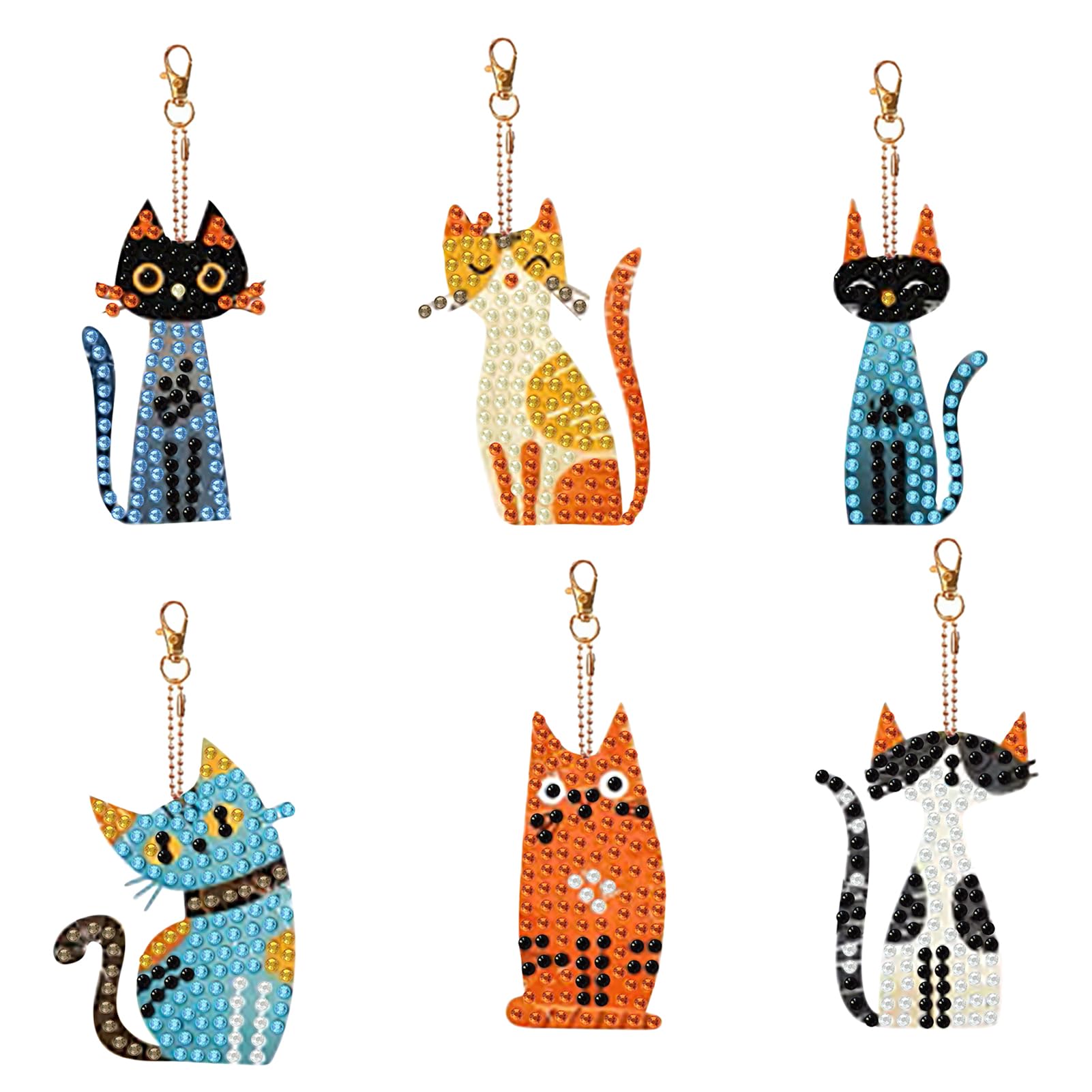 Amyaker ダイヤモンドアート キット 6個入 ポップアート風の猫 DIY キーホルダー 5Dダイヤモンド塗装キット ダイアモンドビーズ キーホルダー 両面全貼り付け DIY手作り 財布 キーペンダント バッグ 装飾用