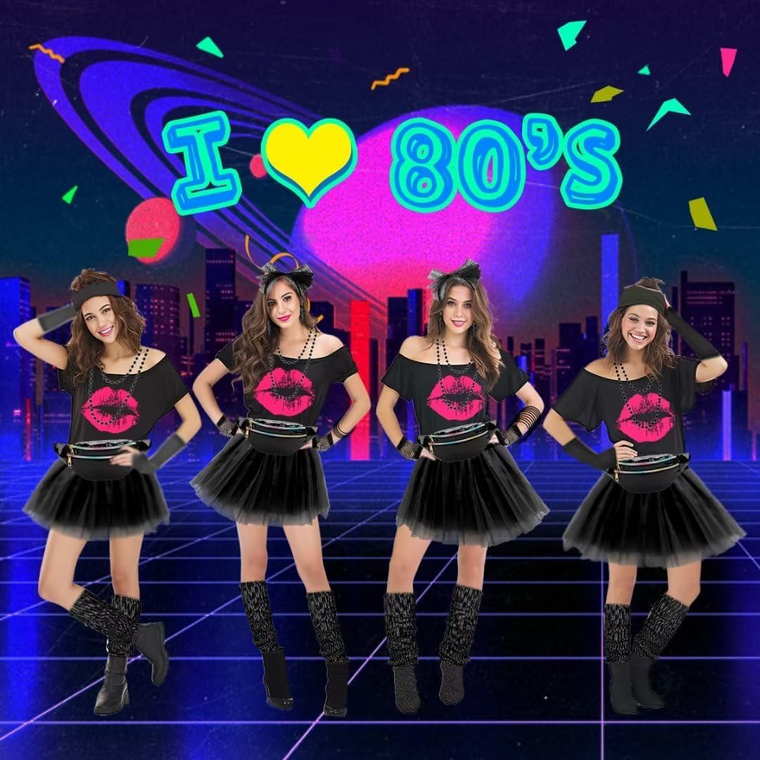 WILDPARTY 80s Costume Accessories for Women, T-Shirt Tutu Fanny Pack Headband Earring Necklace Fishnet Gloves Legwarmers - Image 5