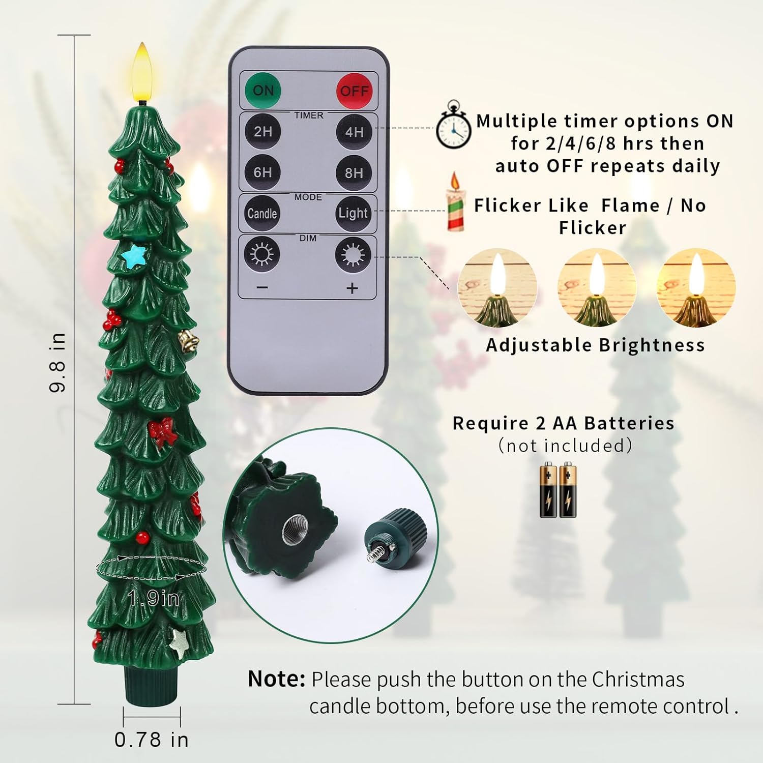 3 Pcs Flameless Taper Candles, Funny Christmas Tree Candles with Remote, Flickering LED Window Candlelights Real Wax Candlesticks for New Year Celebration Holiday Decorations 9.7 Inches