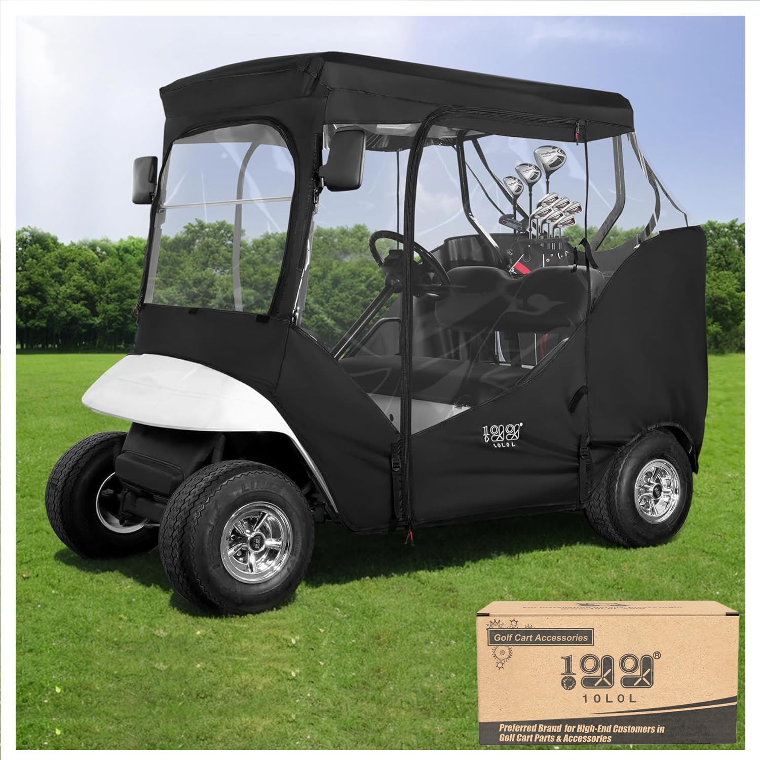 10L0L Golfwagen Schwarzes Gehäuse für EZGO TXT RXV 2 Beifahrer, 4-seitig, transparentes Fenster-Regenschutz, Allwetter, wasserdicht, Winddicht