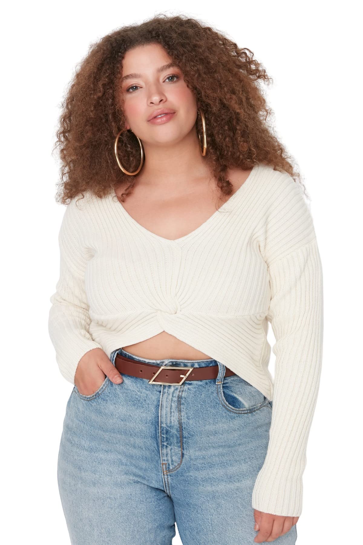 Trendyol Women's V-neck Plain Regular Plus Size Sweater Sweatshirt, Stone, 4XL UK
