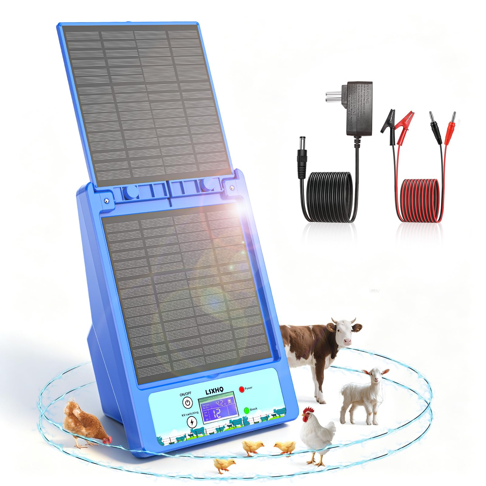 Cercado Eléctrico Solar 12V 32KM, 0.3-2J, 6KV-12KV Ajustable, Cerca Eléctrica con Batería de Litio 18Ah & Kit de Puesta a Tierra, Panel Solar 10W, Protección Confiable para Aves de Corral(Azul)