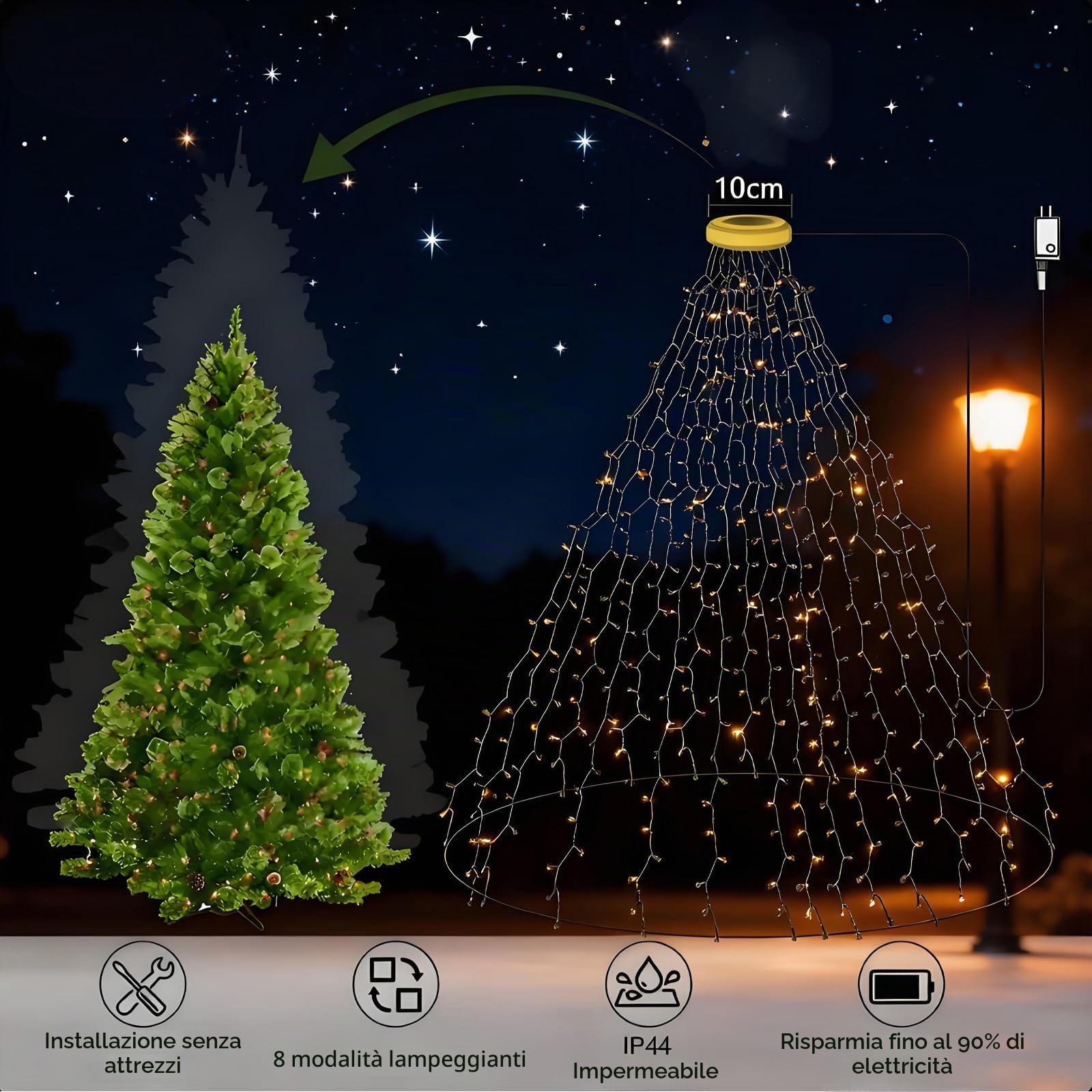 Luci per albero di Natale 12 fili 2,5 m 300 LED con anello, luci per albero di Natale impermeabili IP65 8 modalità per esterni e interni, bianco caldo