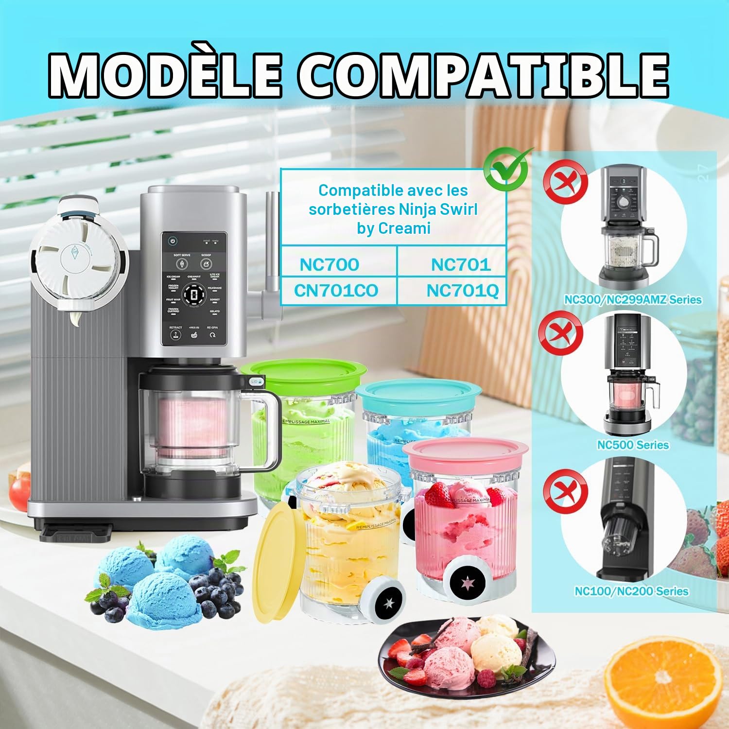 Lot de 4 Récipients pour Ninja Swirl by CREAMi Machine à Glace NC700 Series, Pots Compatibles avec Ninja Swirl, pour Ninja NC701EU Accessoire Sans BPA et Lave-vaisselle (4)