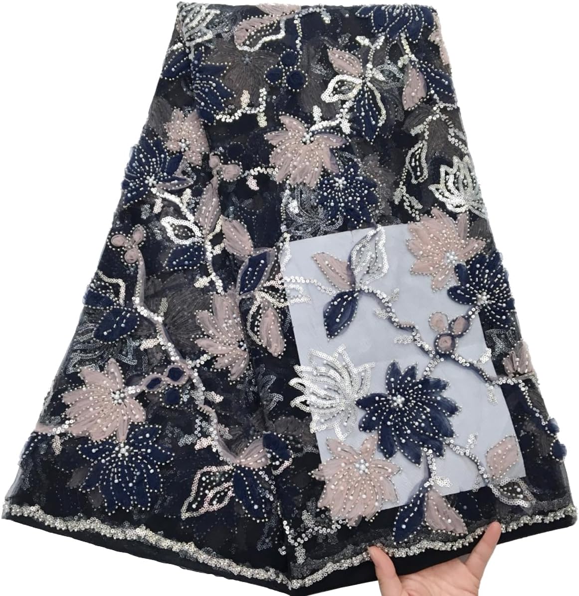 African Lace Fabric 5 Yards, Nigerian Jacquard Embroidery Textile Mesh Lace Fabric with Beads and Sequins for Party Dress Sewing
