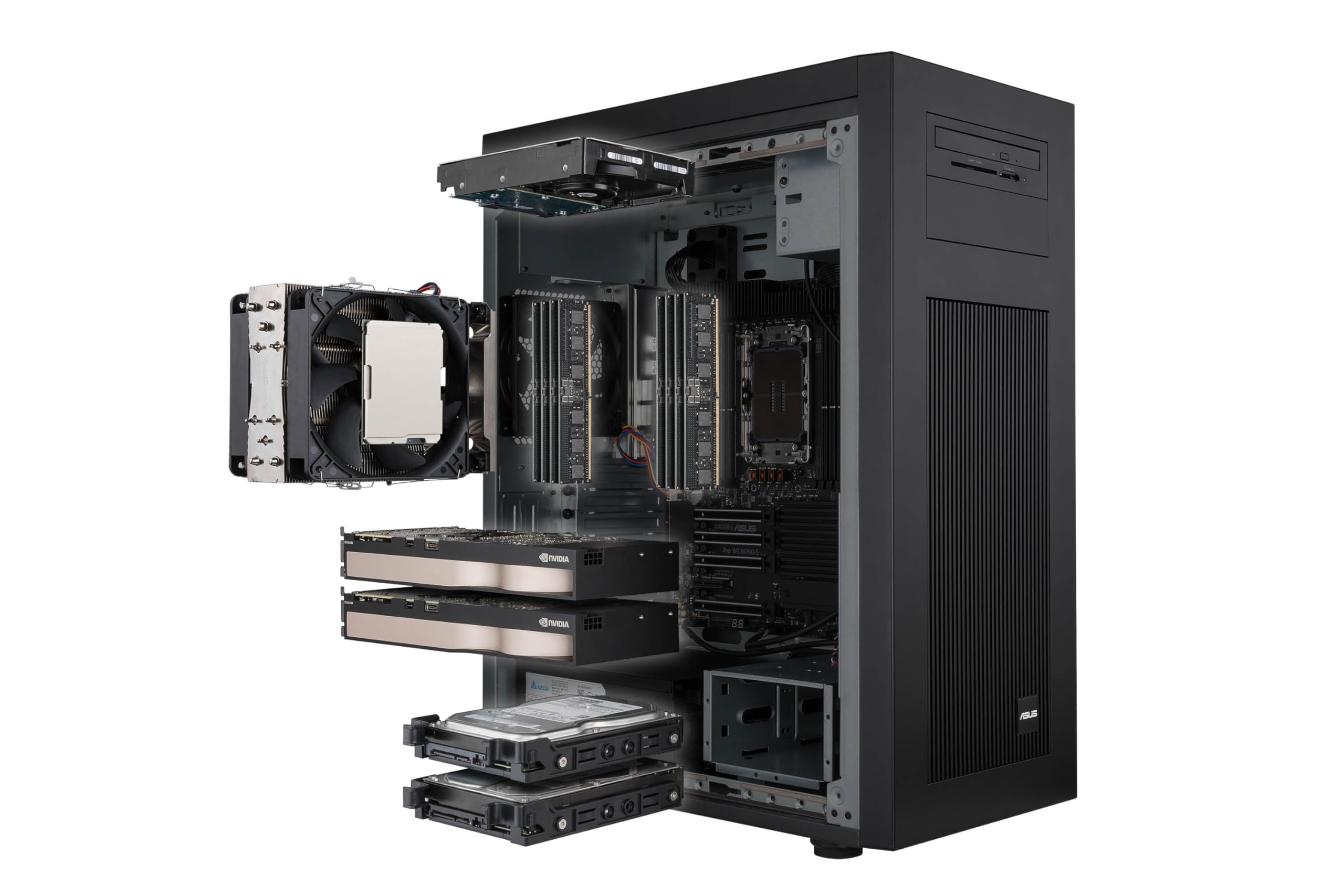 ASUS ExpertCenter Pro ET700I W7-B-750 Performance AI workstation supporta Intel Xeon W-3400 / W-2400, PCIe 5.0, DDR5 ECC, 2x 2.5Gb LAN, 2x M.2, 2x supporto GPU, 750W 80 PLUS Gold PSU, USB 20Gbps