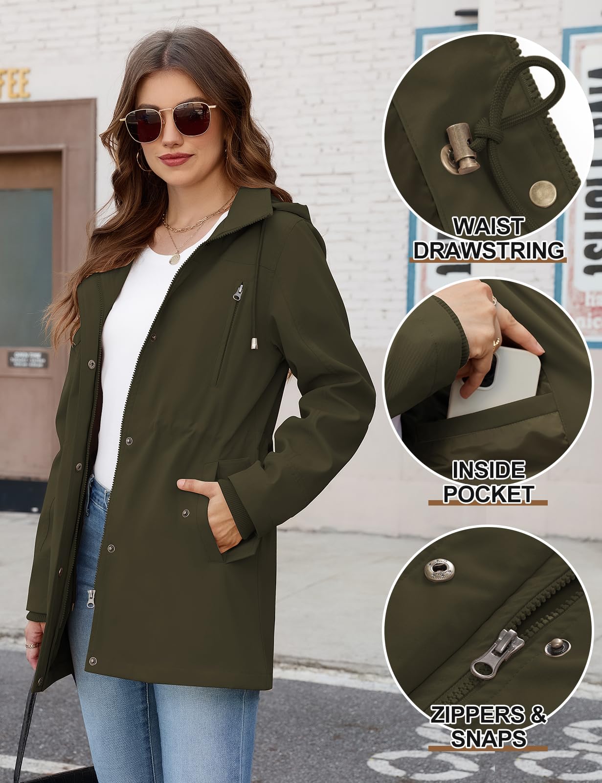 Tuopuda Chaqueta de Mujer Ligero Primavera Otoño Entretiempo Cazadora Casual Chaqueta Cintura Alta Cordón Abrigos con Capucha y Bolsillos