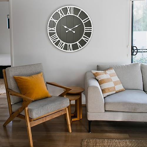Miniatura 6 de Reloj de pared grande de granja, reloj de pared de madera rústica de 24 pulgadas para decoración de sala de estar, decoración de números romanos