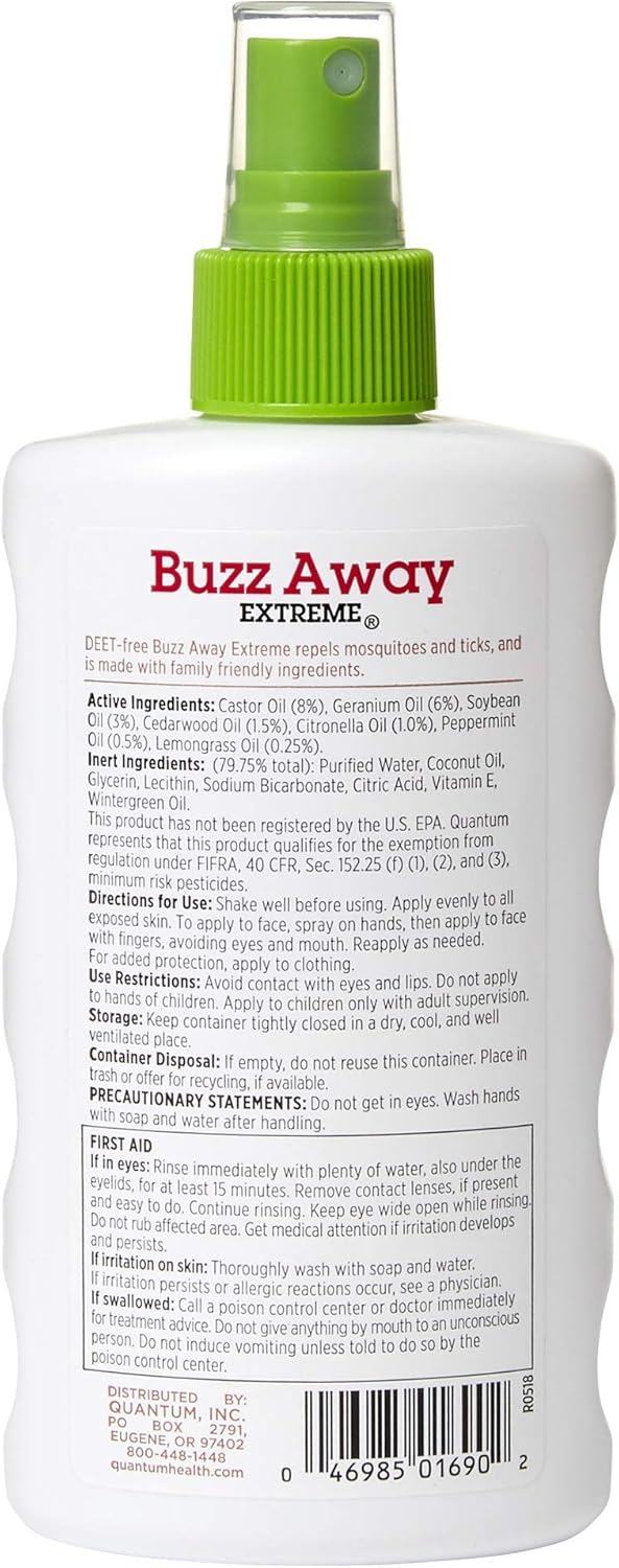 Quantum Health Buzz Away Extreme - DEET-free Insect Repellent, Essential Oil Bug Spray - Small Children and Up, Travel Friendly, 8 Fl Oz : Health & Household