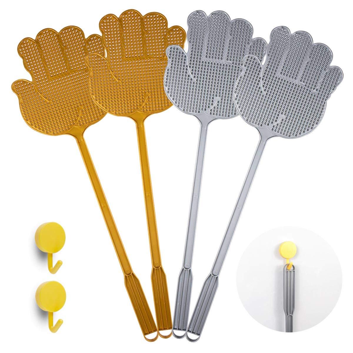 Bottokan 4 Pack Fly Swatters, Manual Swat Flexible Fly Swatters with Long Handle, 17.5” Heavy Duty Fly Swatters Plastic, Home and Kitchen Helper(4 Pack,Silver&Gold,2 Hooks)