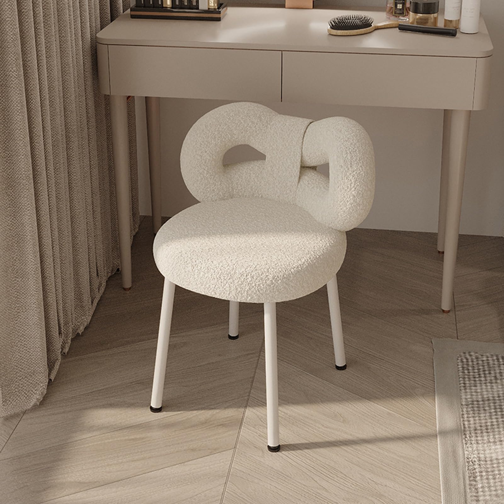 Petit Tabouret de Coiffeuse avec Dossier Noeud Papillon, Chaise de Maquillage pour Chambre à Coucher, Femmes et Filles, Coussinets Pieds réglables, sans accodoirs Salle de Bain, Blanc