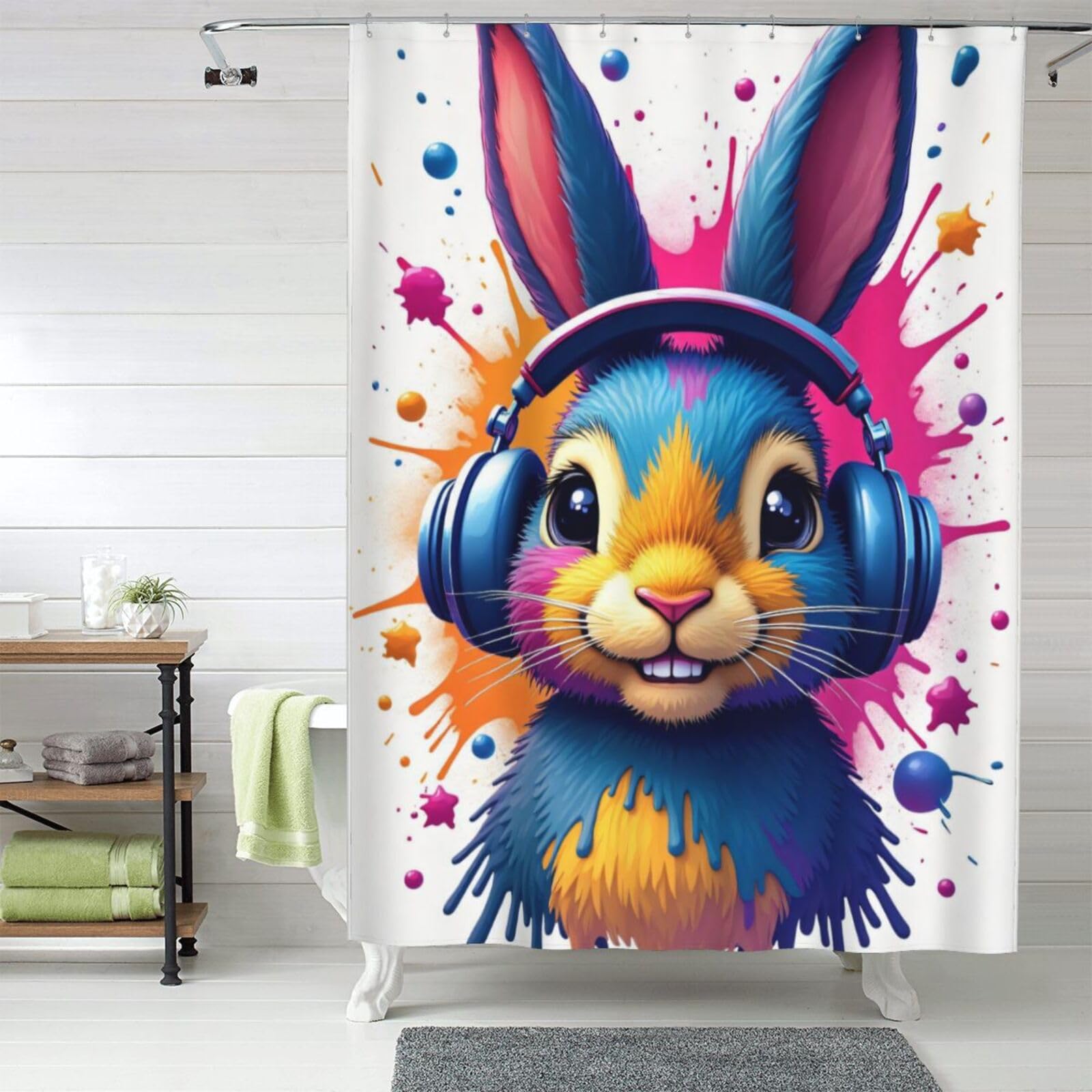Rideau de douche en tissu lapin coloré 152x183 cm opaque avec crochets pour salle de bain