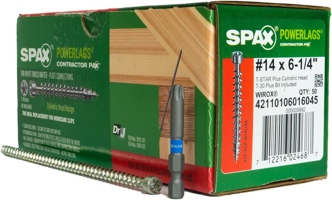SPAX#14 x 6-1/4" Interior Cylindric Head Structural Wood Truss Rafter Screws Powerlags Torx T-Star Plus (50 EA) Bit Included Heavy Duty