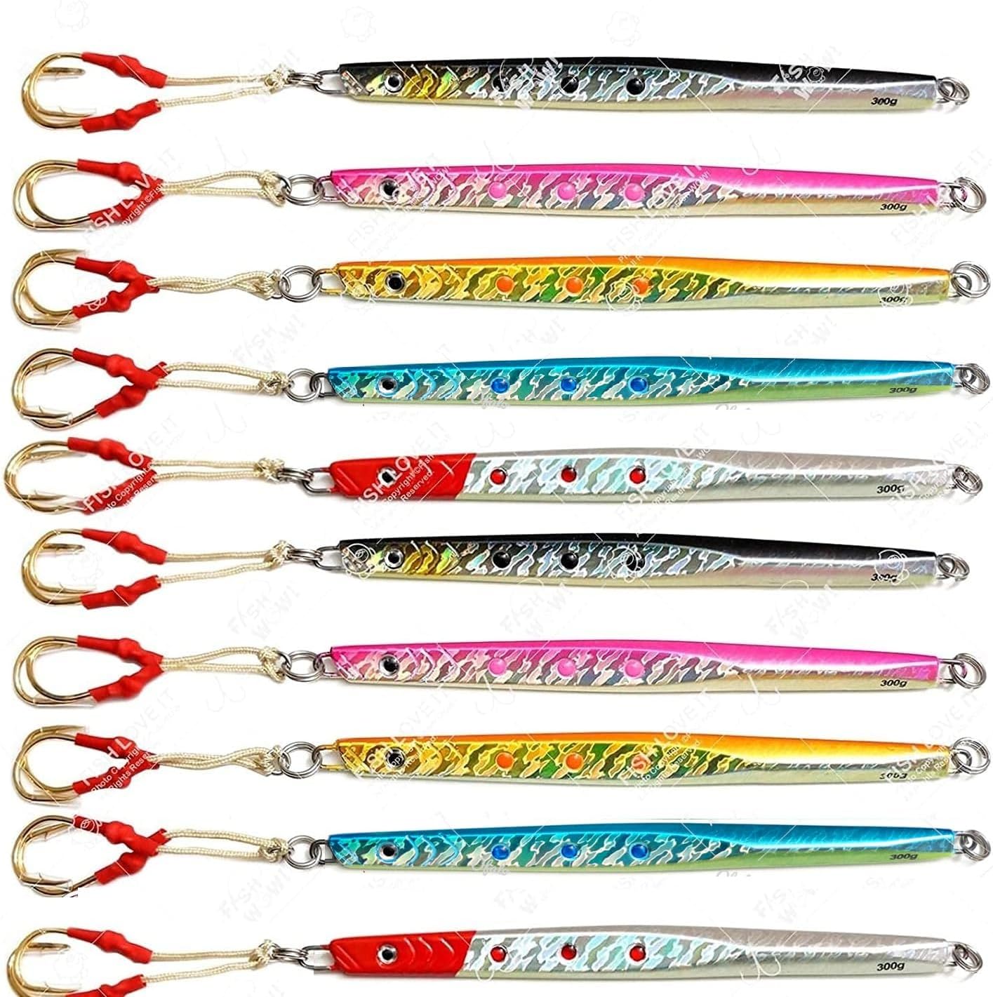 10pcs Fish WOW!® 10.5 oz Vertical Speed jigs 300g Trolling Jig 10-inch with Two Assist Hooks - Mix Colors