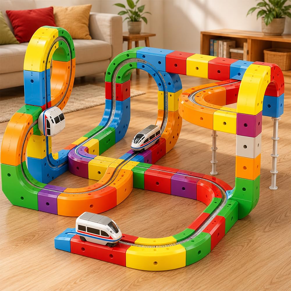 Tren Juguete, 81 Pezzi DIY Cube Track, Tren Magico de Cubos con Trenes Electricos, Pista Coches Flexible con Tracciati 3D Che Sfidano la Gravità, Blocchi Magnetici