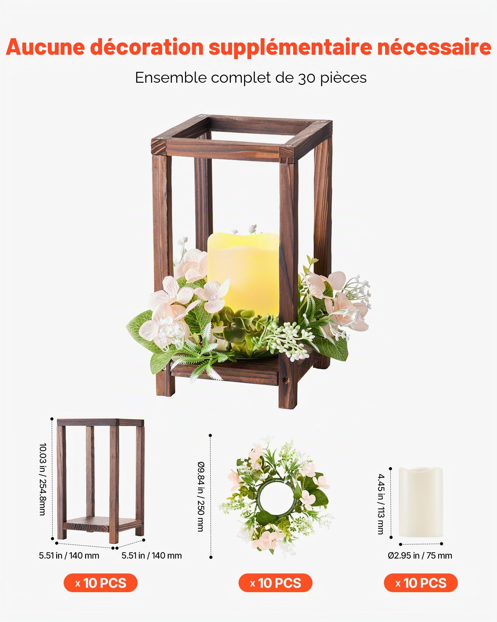 VEVOR Lanterne de Mariage en Bois, Lot de 10, Lanterne Décorative avec Bougies LED sans Flamme, Couronnes de Fleurs Artificielles, pour Centre de Table de Mariage, Fête, Décoration Intérieur, Marron