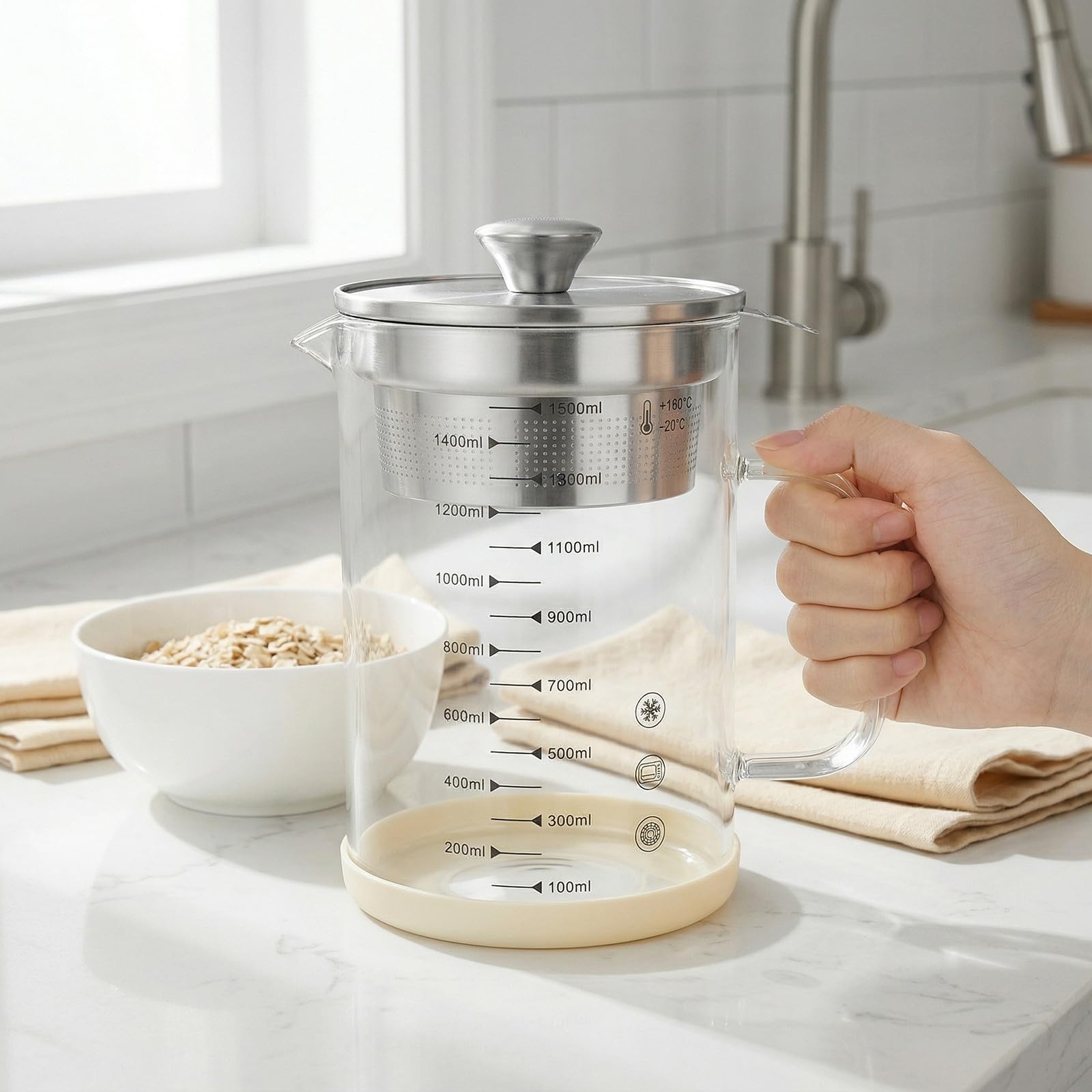 HEMOTON Passoire Métallique 1500ml pour Lait de Soja en Verre et Acier Inoxydable Facile à Ranger à Mailles Fines Carafe à Thé Filtre pour Ustensiles Cuisine