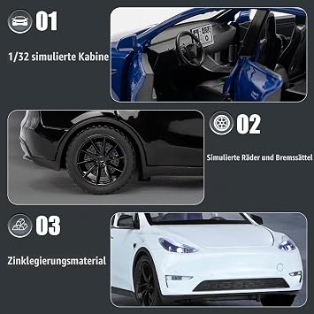 Tesla Model Y 1:32 Model Car Toy Car with Light & Music Pull Back Function Alloy Die-Cast Ideal for Children from 3 Years & Collectors (Blue)