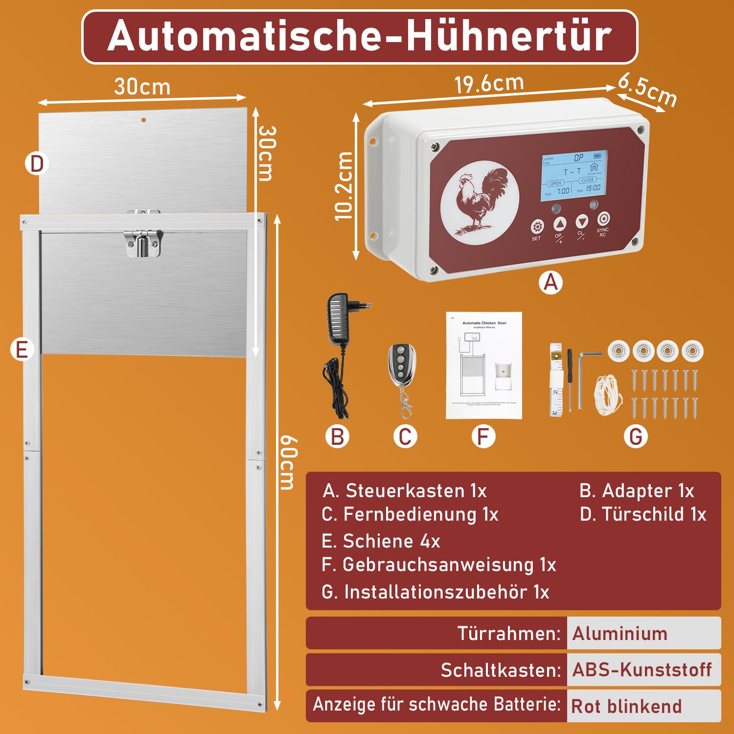 Batería automática de aluminio de 7,8 W con pantalla LCD, temporizador, sensor de luz, mando a distancia, protección contra pinzamientos, puerta automática para gallinero