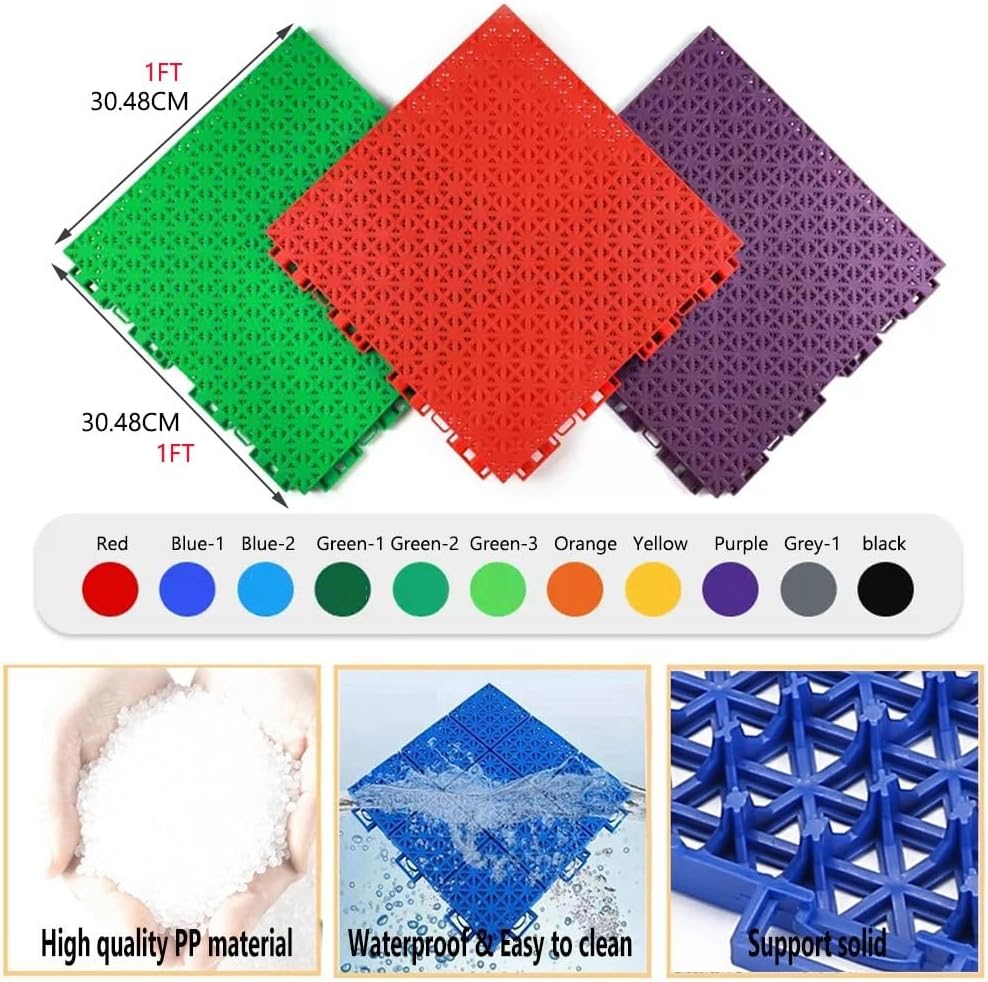 Modular Interlocking 12" Basketball Court Floor Tiles with Drain Holes - Durable Sports Mats for Stadiums, Parks & Public Spaces - Grey - Set of 10 Pieces