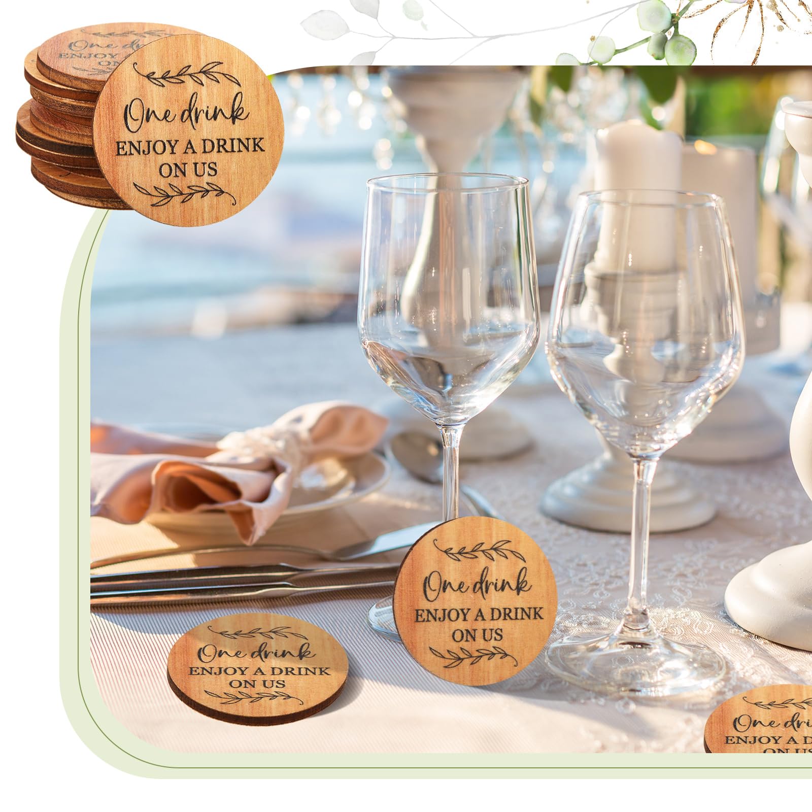 50 Jetons De Boisson En Bois Marsui – Forme Cœur & Verre à Vin – Vintage Pour Mariage, Anniversaire, Soirée