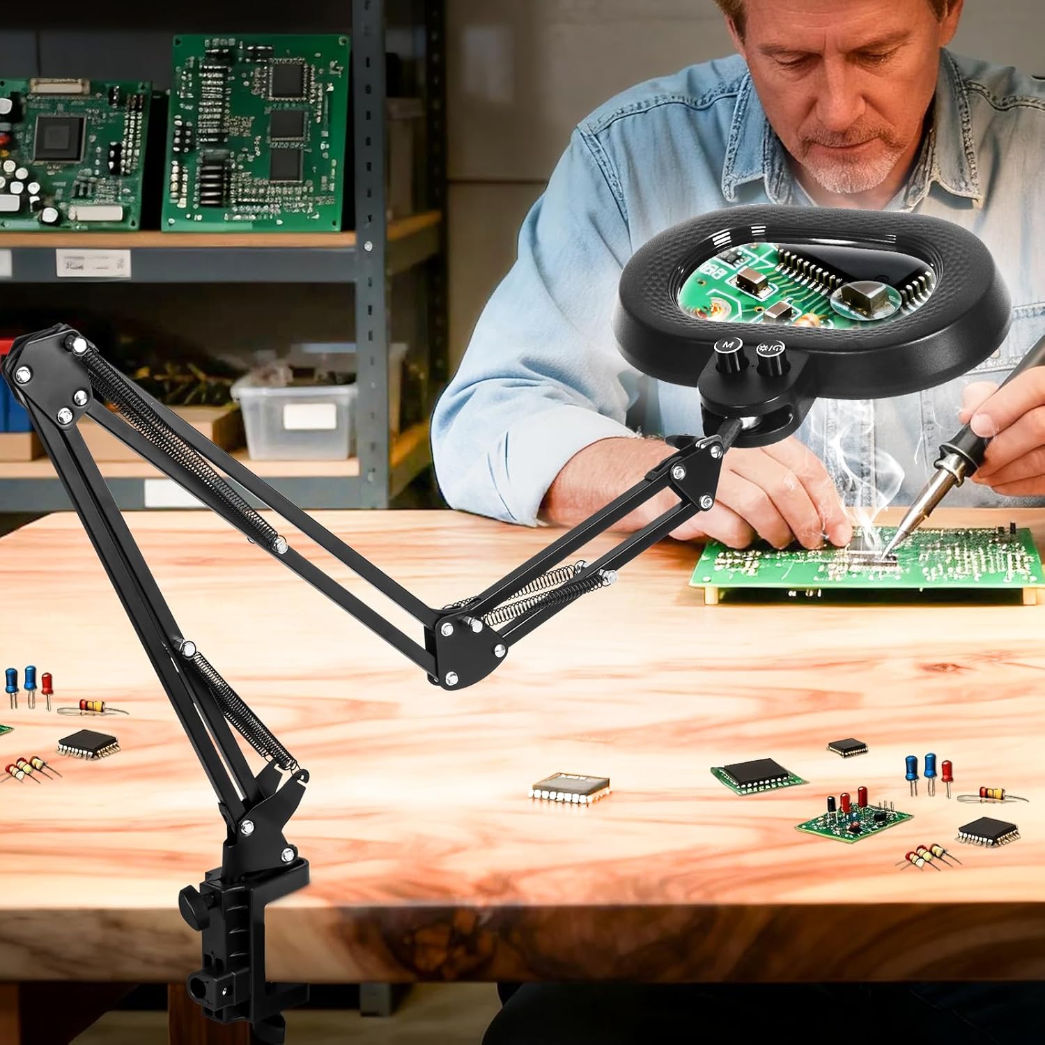 KIRKAS 12X Magnifying Glass with Light Three-axis Rotation, Extra-Long Arm Magnifying Lamp for Workbench Craft Repair Sewing, LED Lighted Magnifier Real Glass Lens Overhead Stepless Dimming and Color