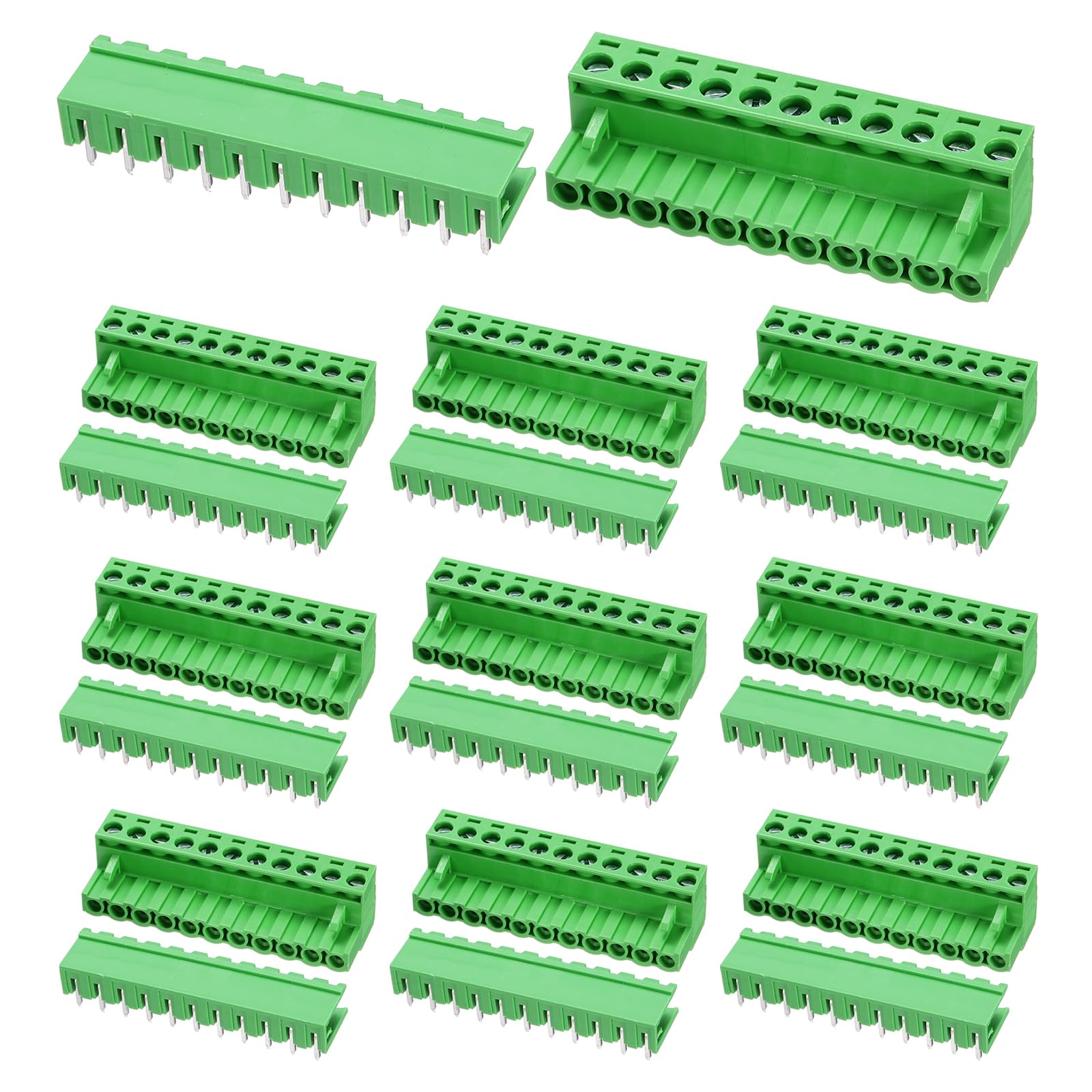 sourcing map Pluggable PCB Terminal Block Connectors, 10 Set 11 Pin 5.08mm/0.2" Pitch Right Angle Screw Terminal Block Connector for DIY Panel Mount Electronic Projects(Green)
