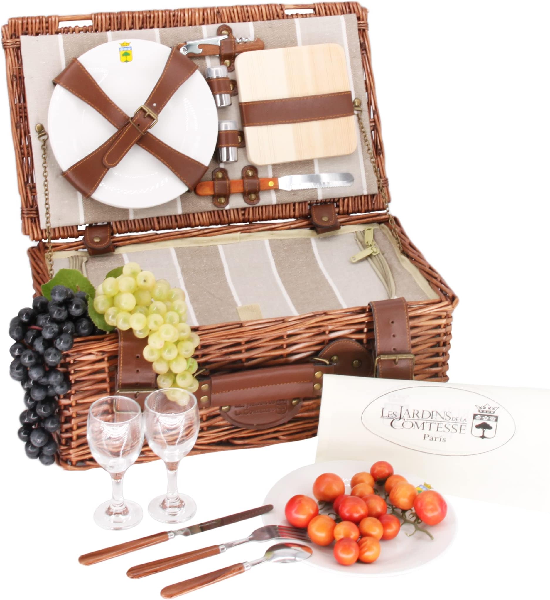 Cestino Da Picnic Gisors In Vimini Per 4 Persone - Con Piatti E Bicchieri - Tessuto Crema