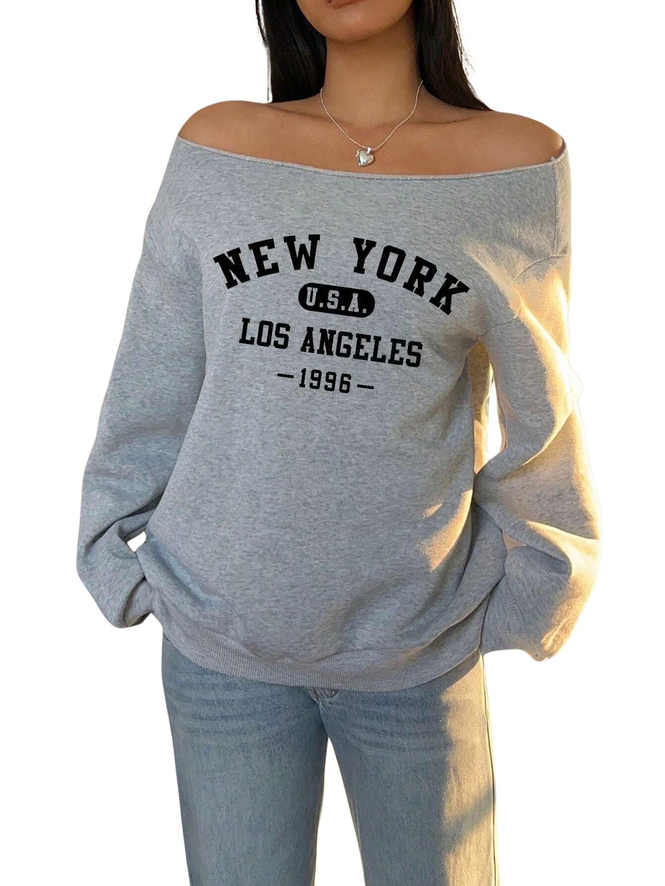 sxv style Women's New York Graphic Off-Shoulder Loose Casual Long Sleeve Lightweight Sweatshirt-picture-38