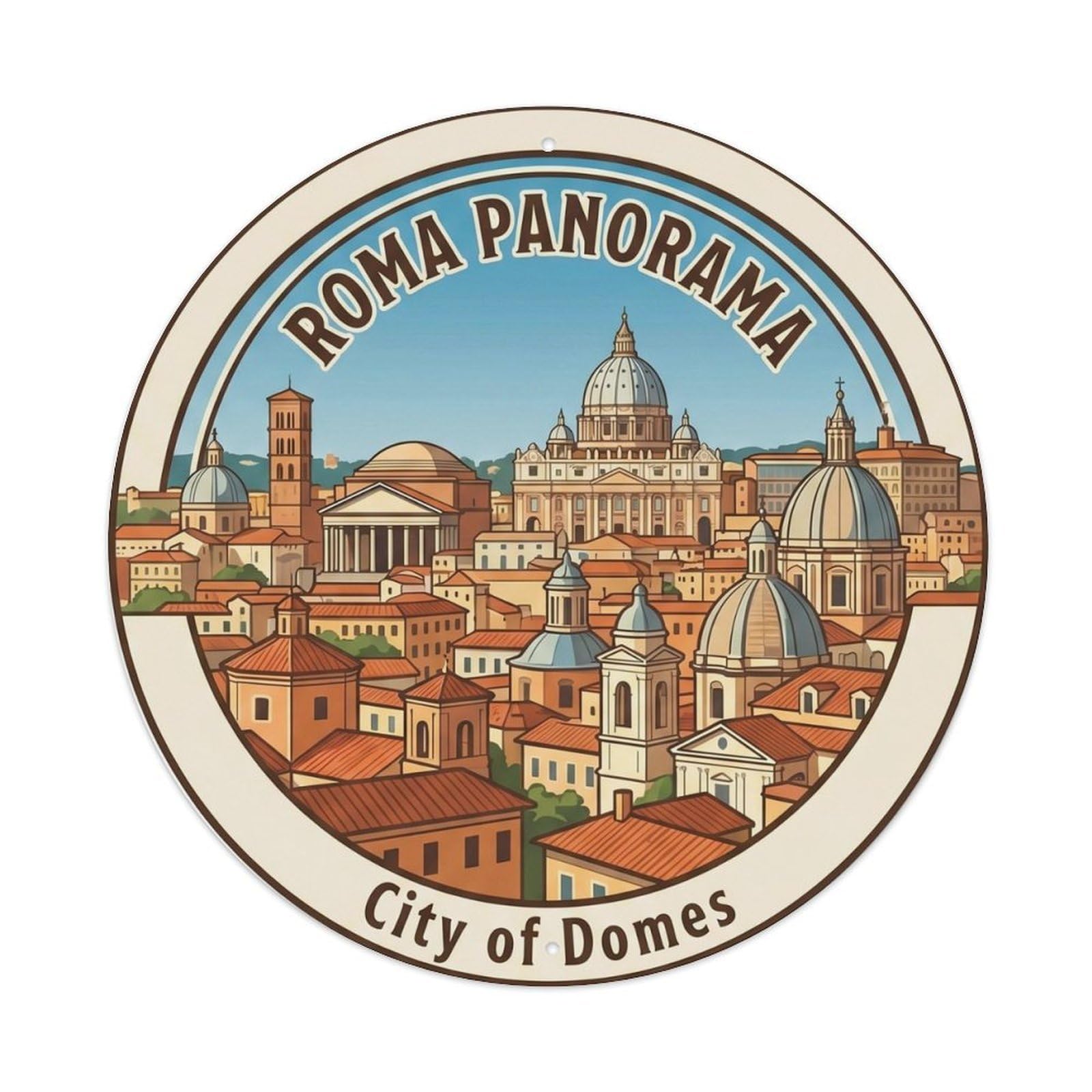 Italy Rome European Panoramic Classic Europe Destination Metal Tin Sign Plaque Wall Decor for Cafe, Man Cave, Club Bar, Office, Home Garden Round Metal Poster 8x8Inch