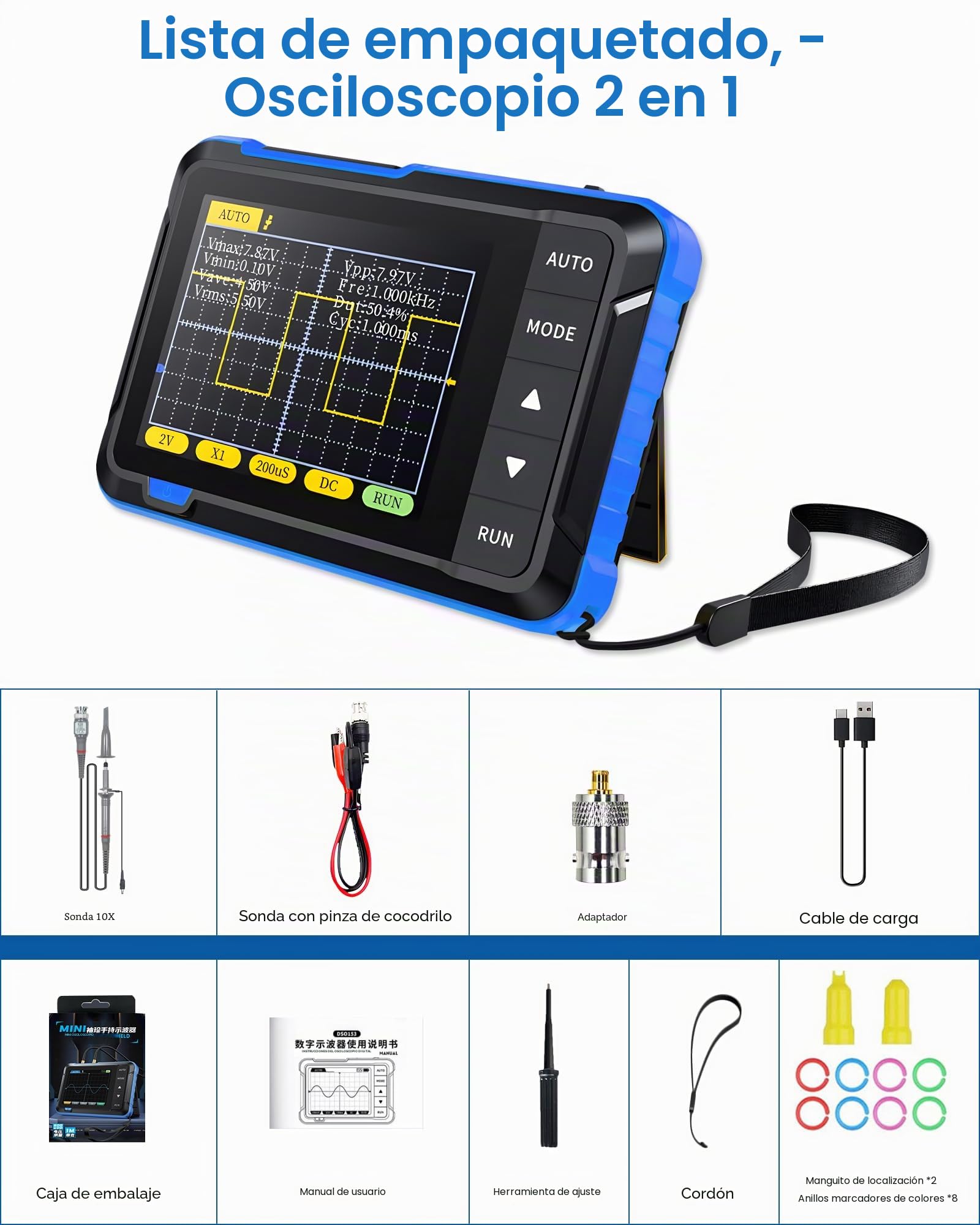 Osciloscopio Portátil 2 en 1, WapoRich DSO153 Mini Osciloscopio Digital con Generador de Señales 1 MHz, 5 MSa/s, 14 Formas de Onda, Actualización Online, Diseño Compacto para Uso en Exteriores
