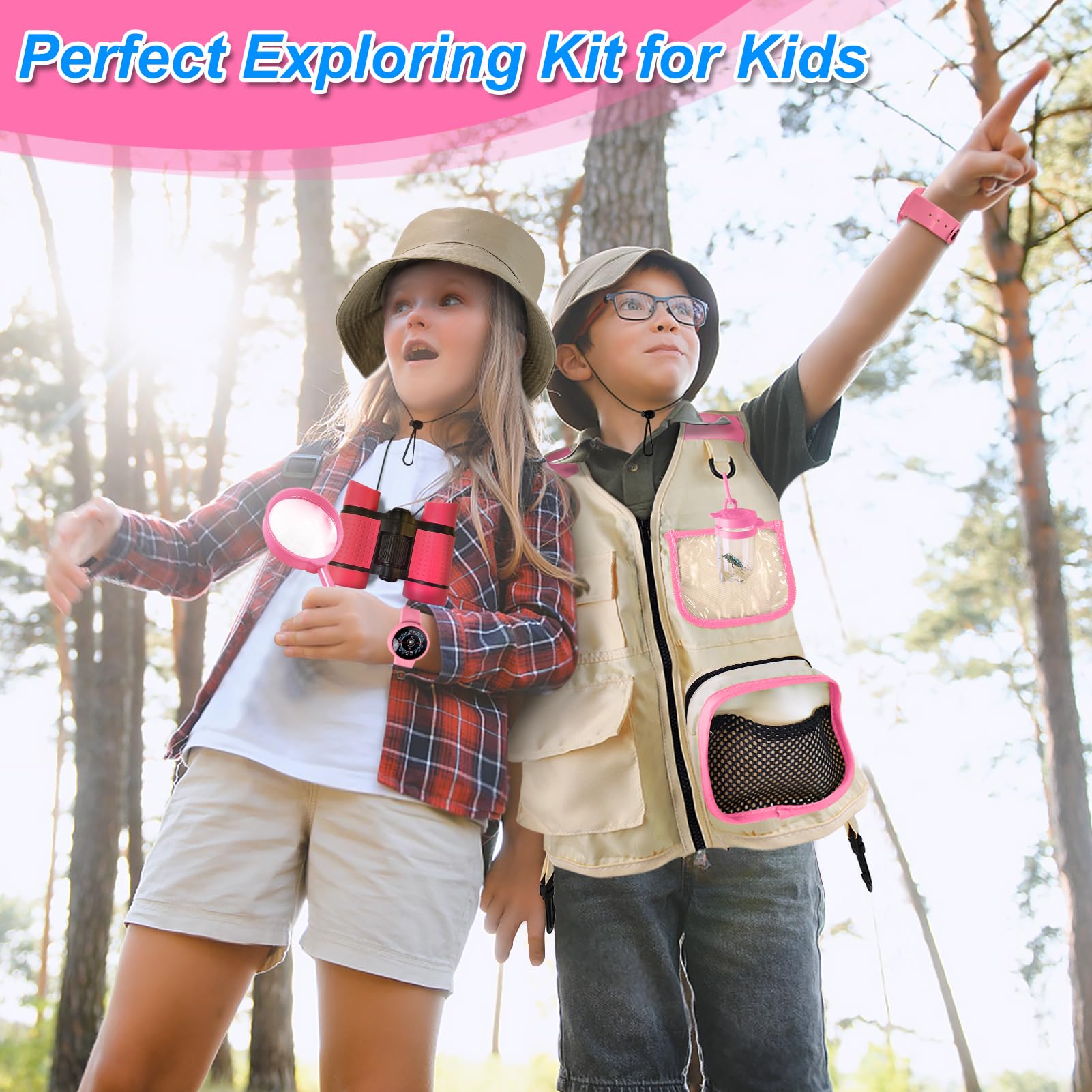 Kit de exploración infantil con chaleco, gorro, mochila y prismáticos para niños, juguete al aire libre para niños y niñas