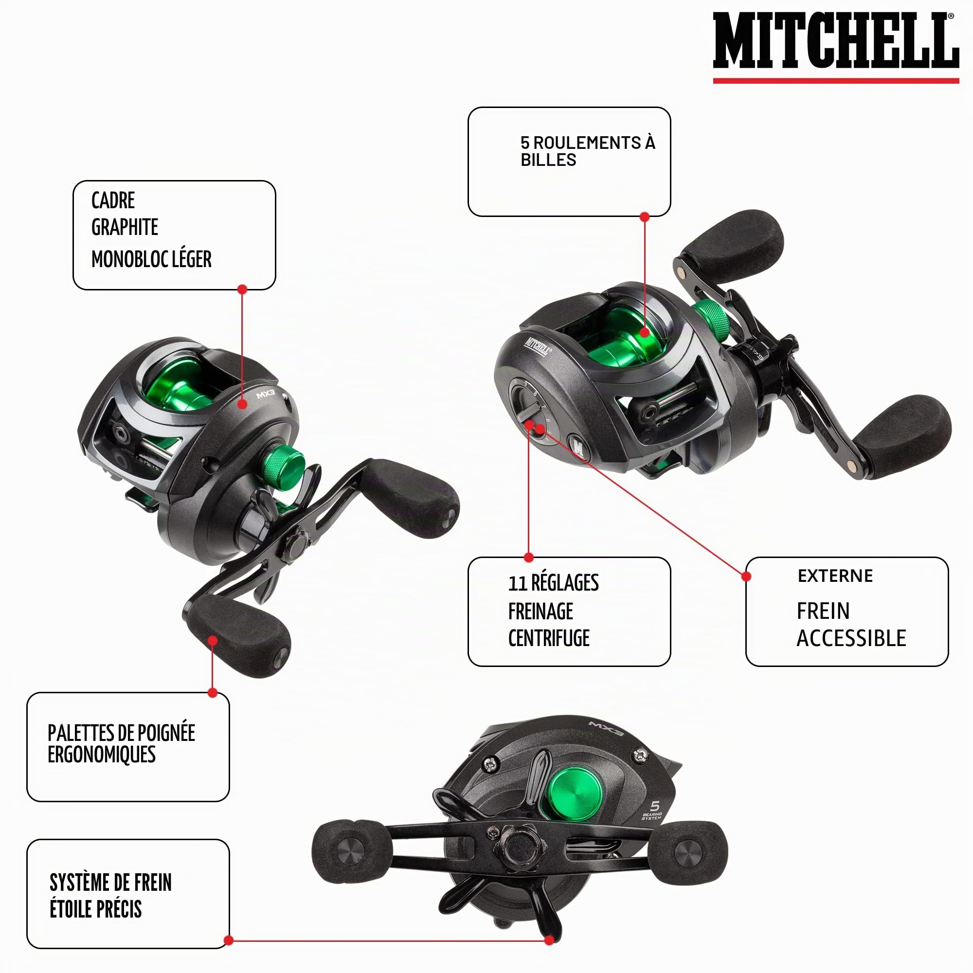 Mitchell MX3 Baitcaster Fishing Reel - Strong Super Smooth Baitcaster Reels with Centrifugal Braking System and 4 + 1 Anti-Corrosion Ball Bearings for Fishing for Pike, Perch, Zander Black/Green LP