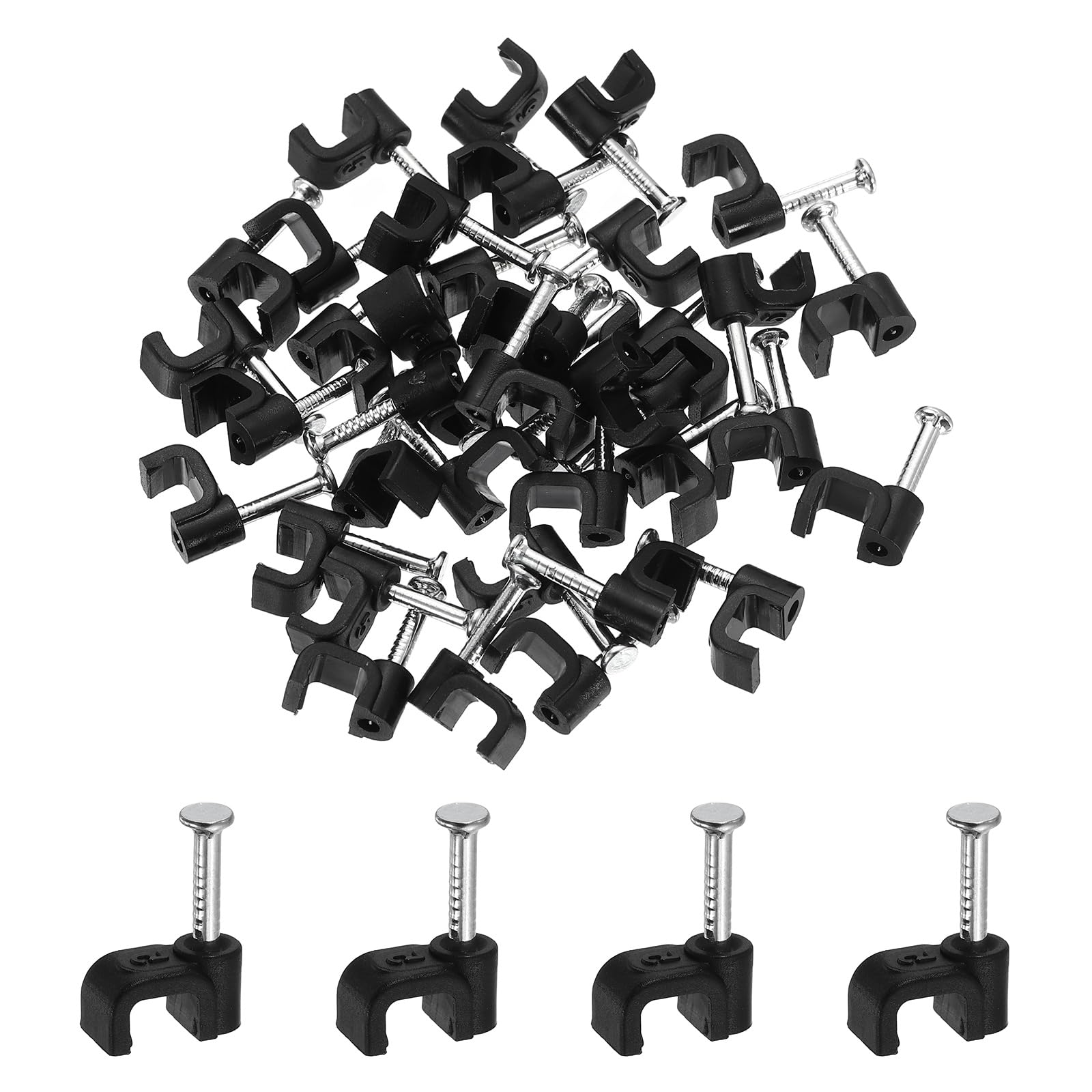 sourcing map 120pcs Cable Clips with Nail 5mm ID Squarer Single Half Clamp J-Hook with Nail Cord Clips for Wires on Wall for Ethernet Tacks Coax Pex Tubing Pipe Support, Black