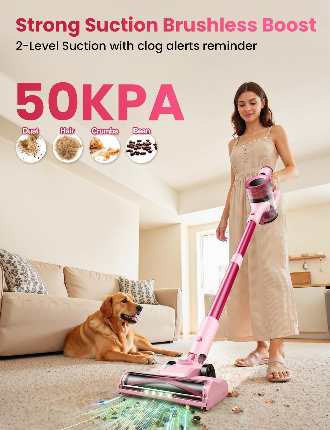 Dzaki Cordless Vacuum Cleaner, Stick Vacuum with Smart LED Display, 50KPA 55Mins Vacuum Cleaners for Home, Powerful Suction, Anti-Tangled Lightweight Rechargeable Vac for Pet Hair, Carpet