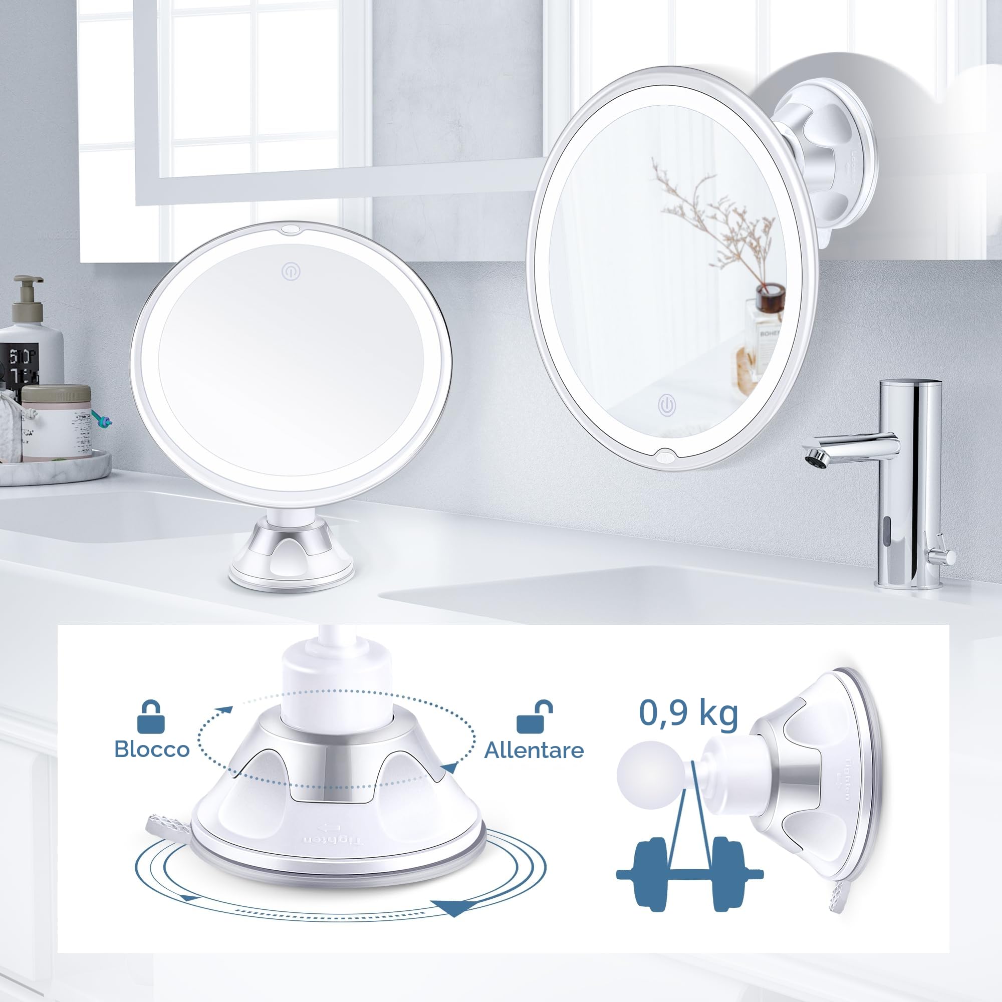 MIYADIVA Specchio Ingranditore con Luce 30X, Specchio Bagno con Ventosa, 3 Modalità di Colore e Luminosità Regolabile, specchio per bagno 20 cm
