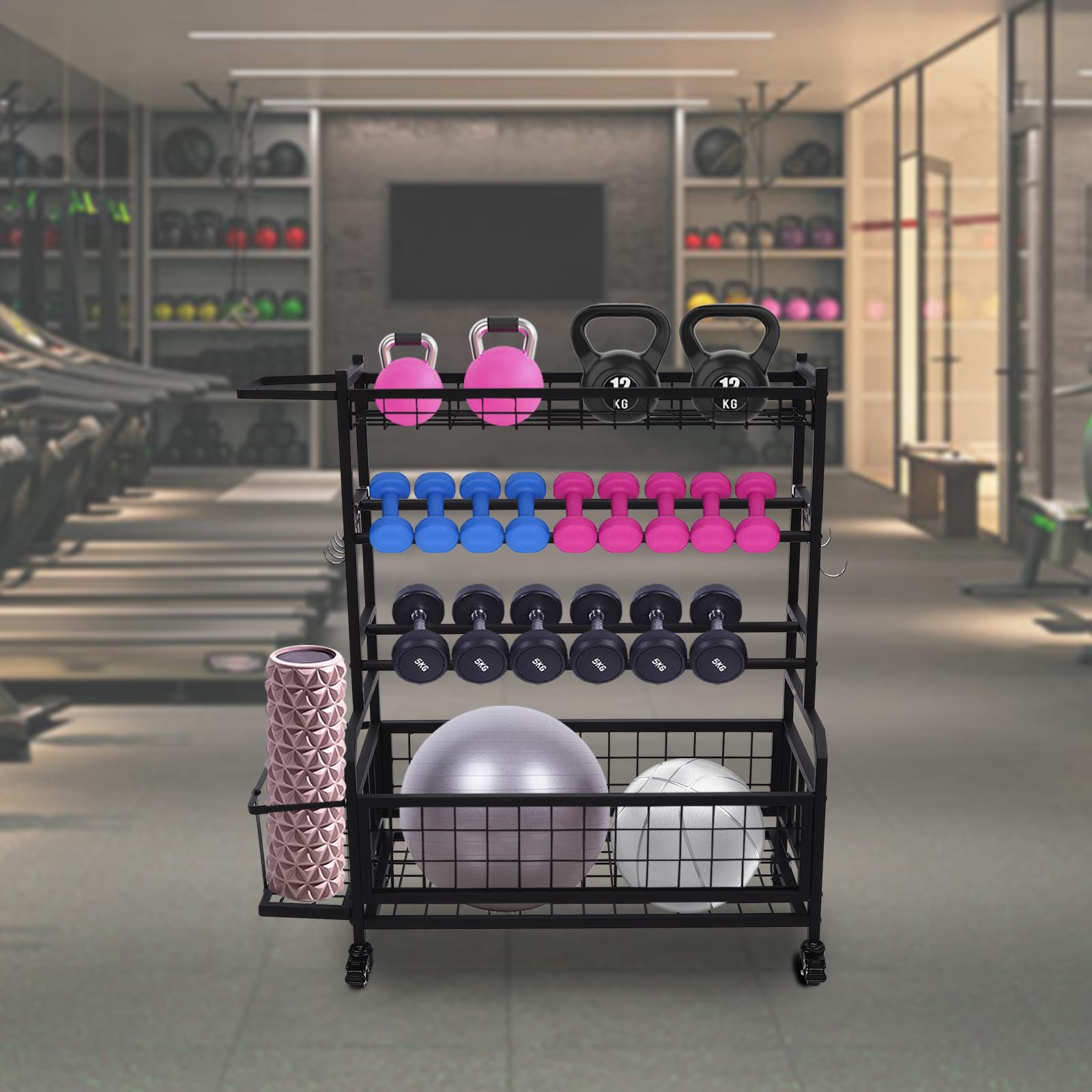 Donened Support d'haltères, multifonctionnel, avec 4 roues et crochets, pour haltères, tapis de yoga, rouleau de fascia, etc Donened Support d'haltères, multifonctionnel, avec 4 roues et crochets, pour haltères, tapis de yoga, rouleau de fascia, etc
