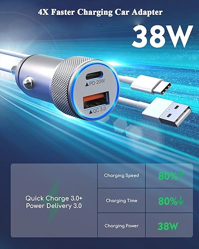 Miniatura 10 de Cargador de coche para iPhone de Apple, 2 unidades, USB C+QC3.0 de doble puerto certificado Apple MFi, cargador de cigarrillos de carga súper