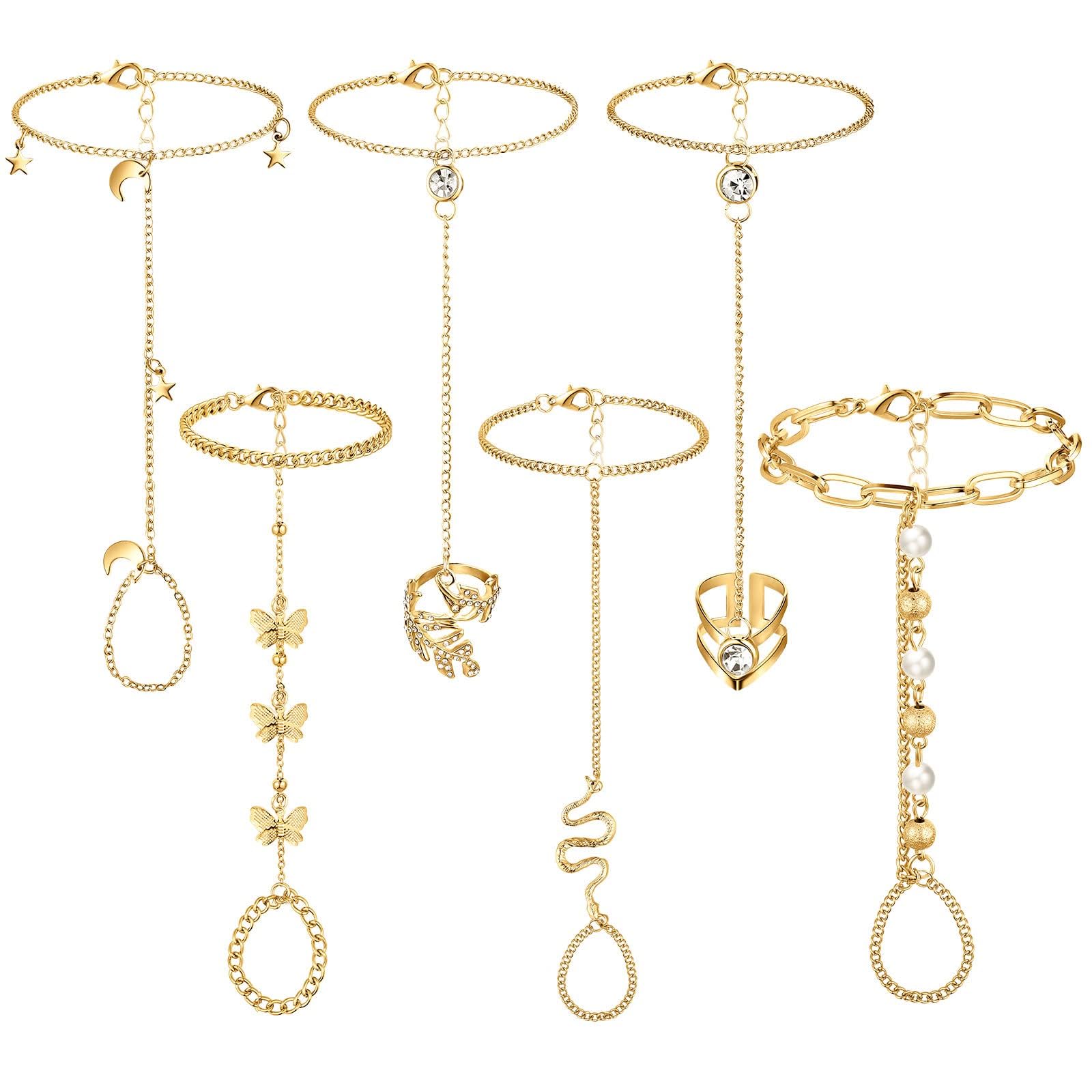 TERRIFI Finger Ring Bracelet, Hand Chain, Wedding Link Chain, Bracelet with Ring, Party & Everyday Jewelry for Women & Girls (6 Pieces)