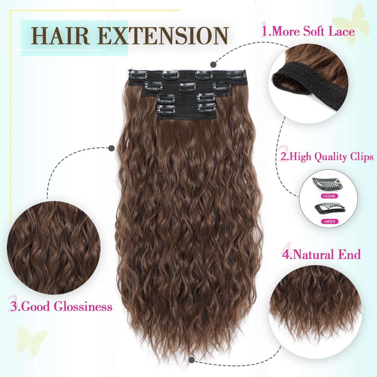 VEGALILY 4PCS Hair Extensions Clip in 20inch Light Brown Hair extensions Long Curly Clip in hair Extension Full Head Synthetic Fiber Hairpieces for Women - Image 2
