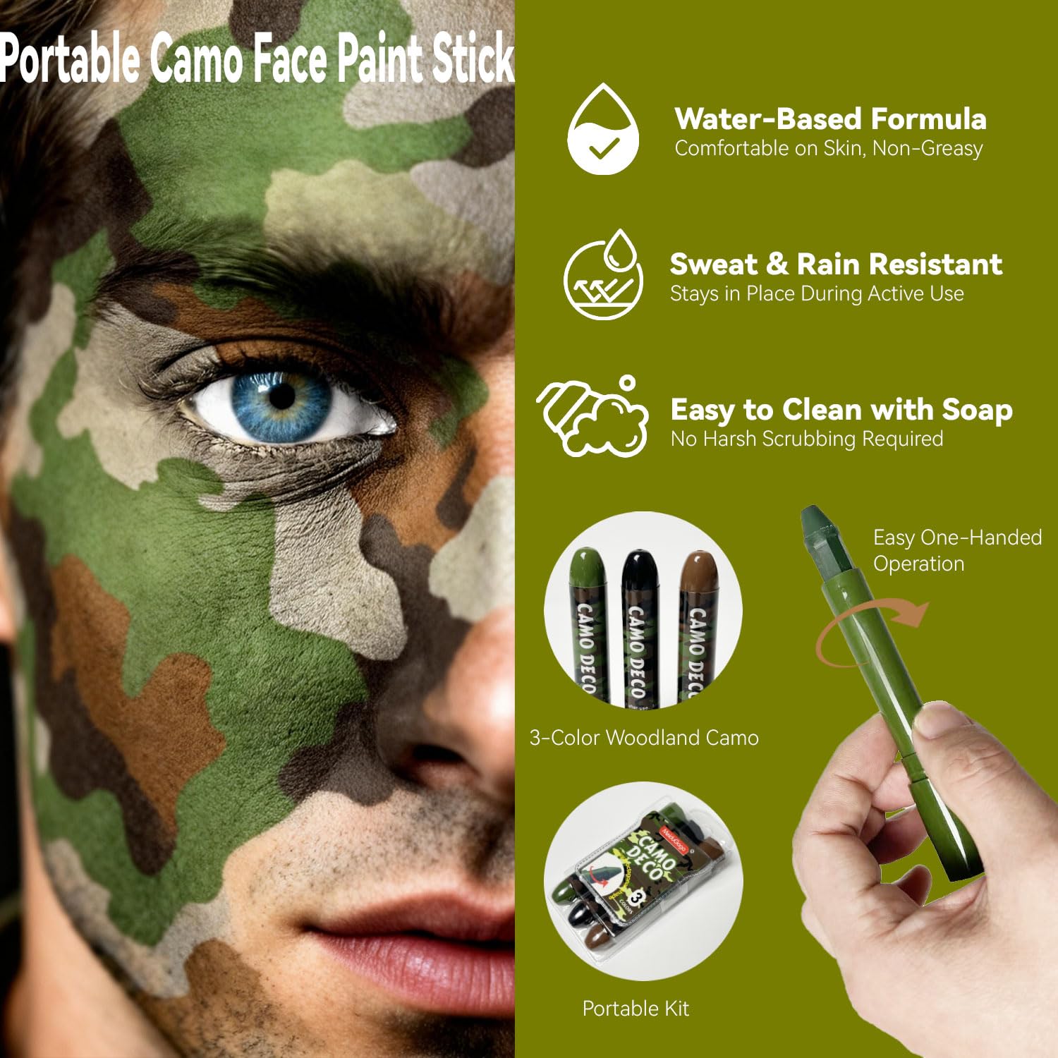 Hunting Camo Kit – 3 Rolls Self-Adhesive Wrap (2" x5Y), Duct Tape for Concealment (2" x10Y), 3-Color Face Paint Stick – for Gun, Gear & Outdoor Use