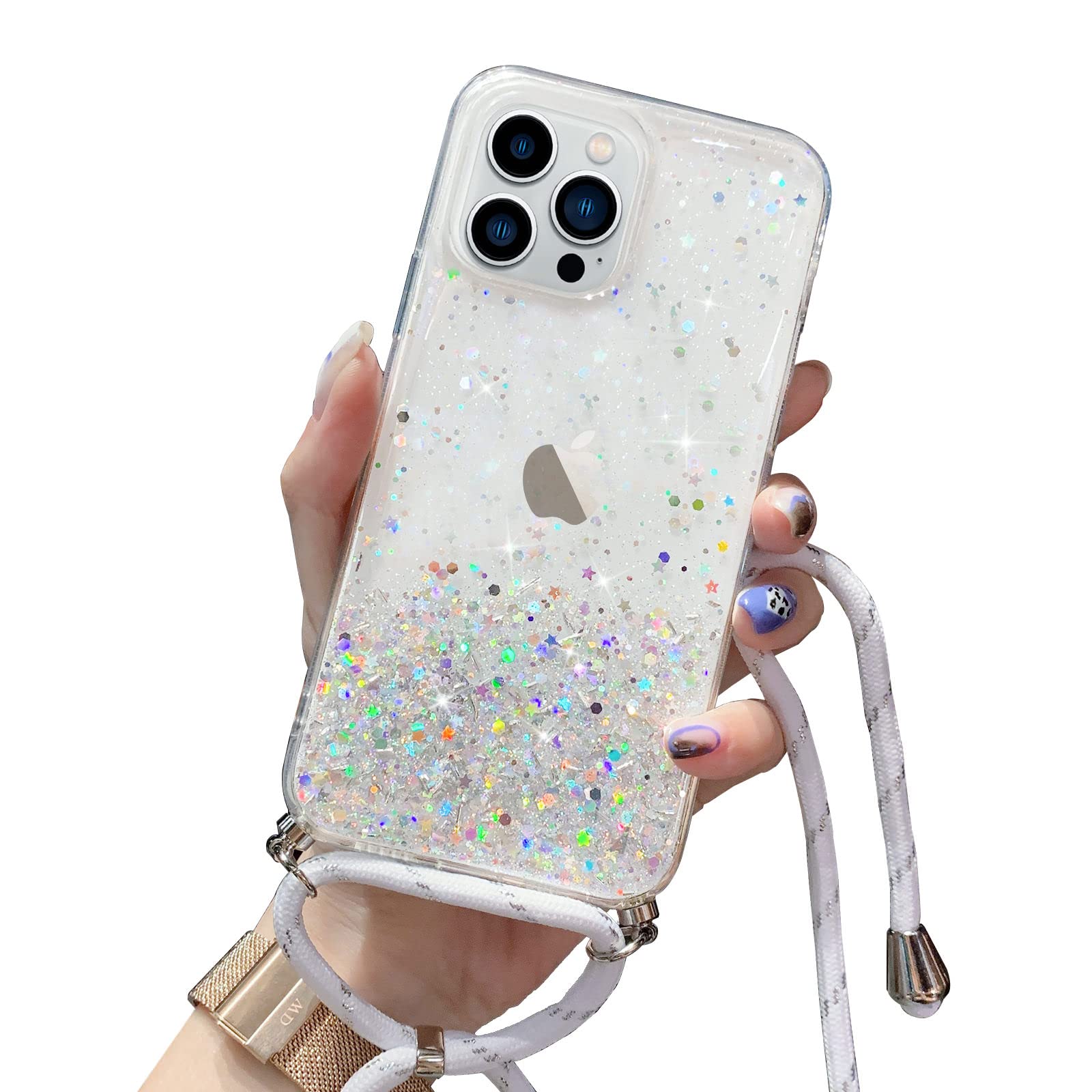 Handyhülle Mit Kette Für IPhone 14/13 - Glitzernd, Mit 3D-Blumen, TPU, Stoßfest