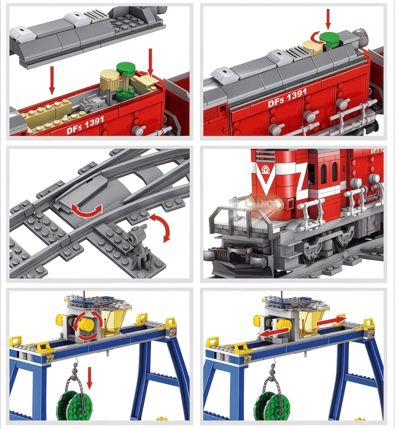 General Jim's Red Diesel Cargo Train Building Blocks Set - 1000+ Piece City Series with Automatic Running System, Railway Tracks, and Truck - L Gauge - Compatible w/Major Brick Brand Tracks - GJ-EBRT