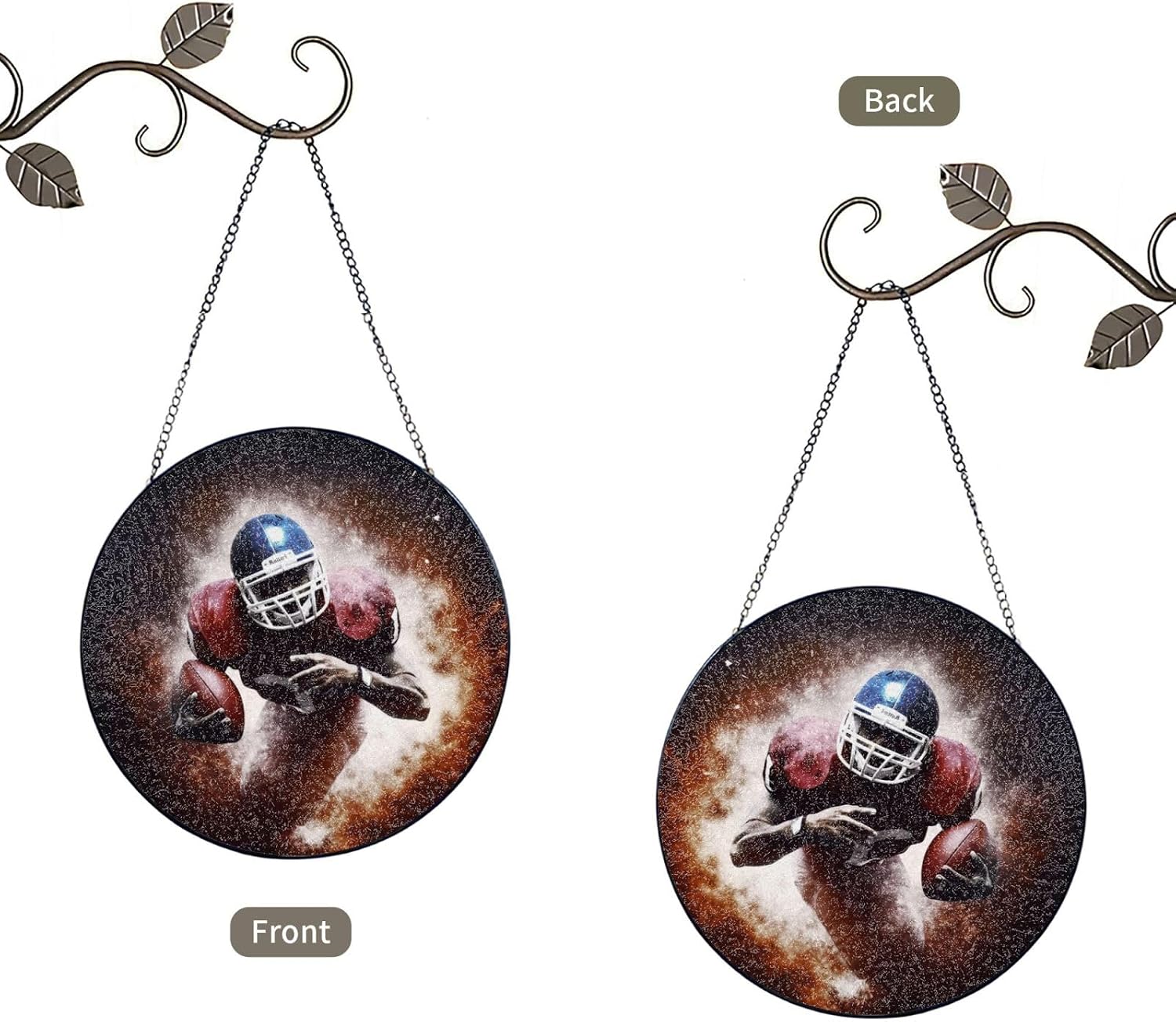 Stained Glass Window Hanging 6in（15cm）, American Football Glass Suncatcher for Home Decor, Indoor Wall Art Glass Panel with Metal Chain and Hooks, Sun Catcher Ornament Birthday Gifts