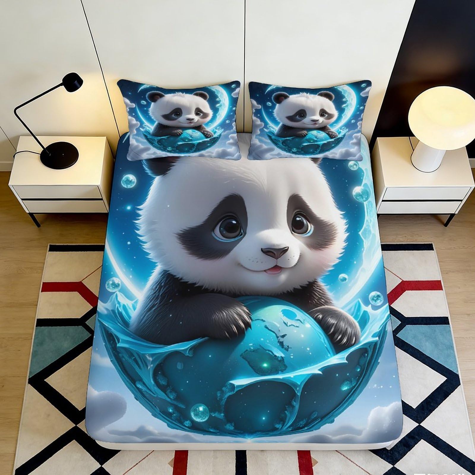 Jqzkxnhpbr Style-7 3D Printed Cute Panda Fitted Sheet Microfiber Soft Breathable Blue Cartoon Planet Mattress Cover For Bedroom Guest Room 90X200x25cm