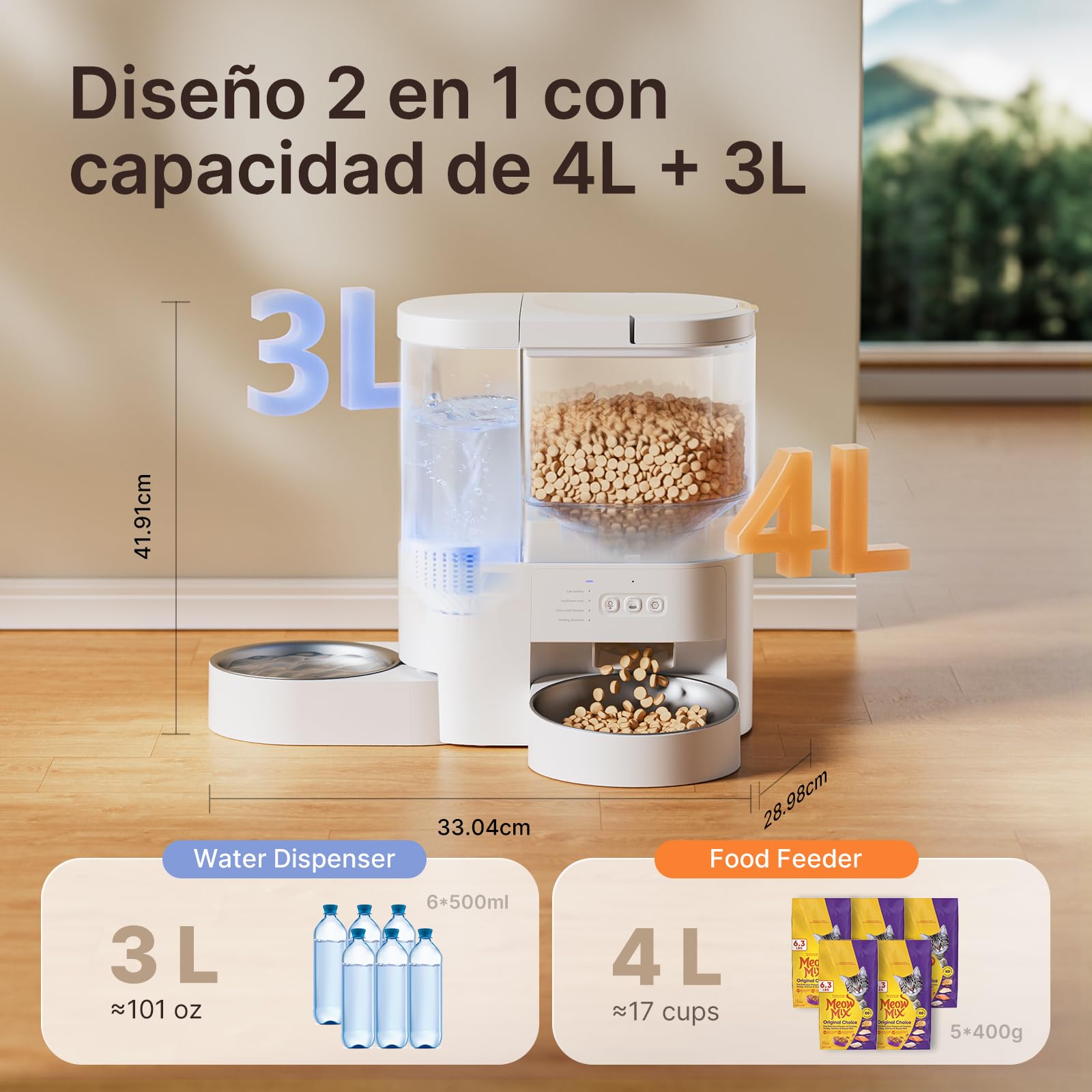 Comedero Automático y para Agua Gatos 2 en 1, WiFi 5G App, 4L Comida y 3L Agua, Grabación de Voz, 10 Comidas Programables, 1-15 Porciones, Dispensador Automático para Gatos y Perros Pequeños